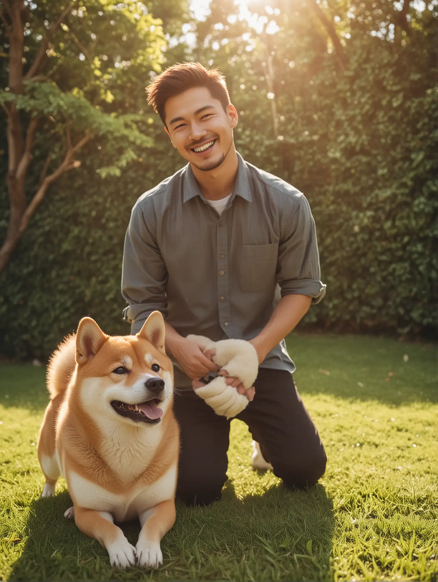 A sunny handsome guy smiling and stroking his cute Shiba Inu, facing the camera, on the lawn outdoors, soft light style, cinematic style, surreal style portrait photo, high resolution, natural color grading, no contrast, clean and clear focus.