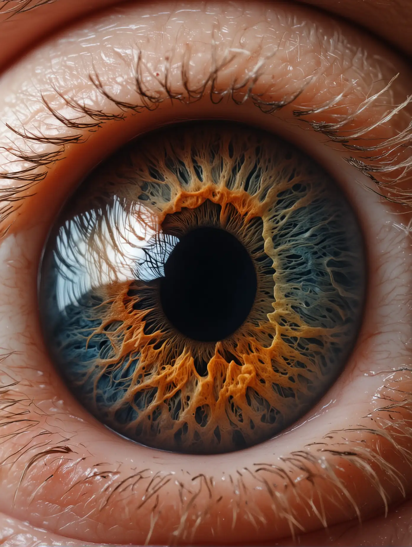 Up close picture of the human eyeball in color.
