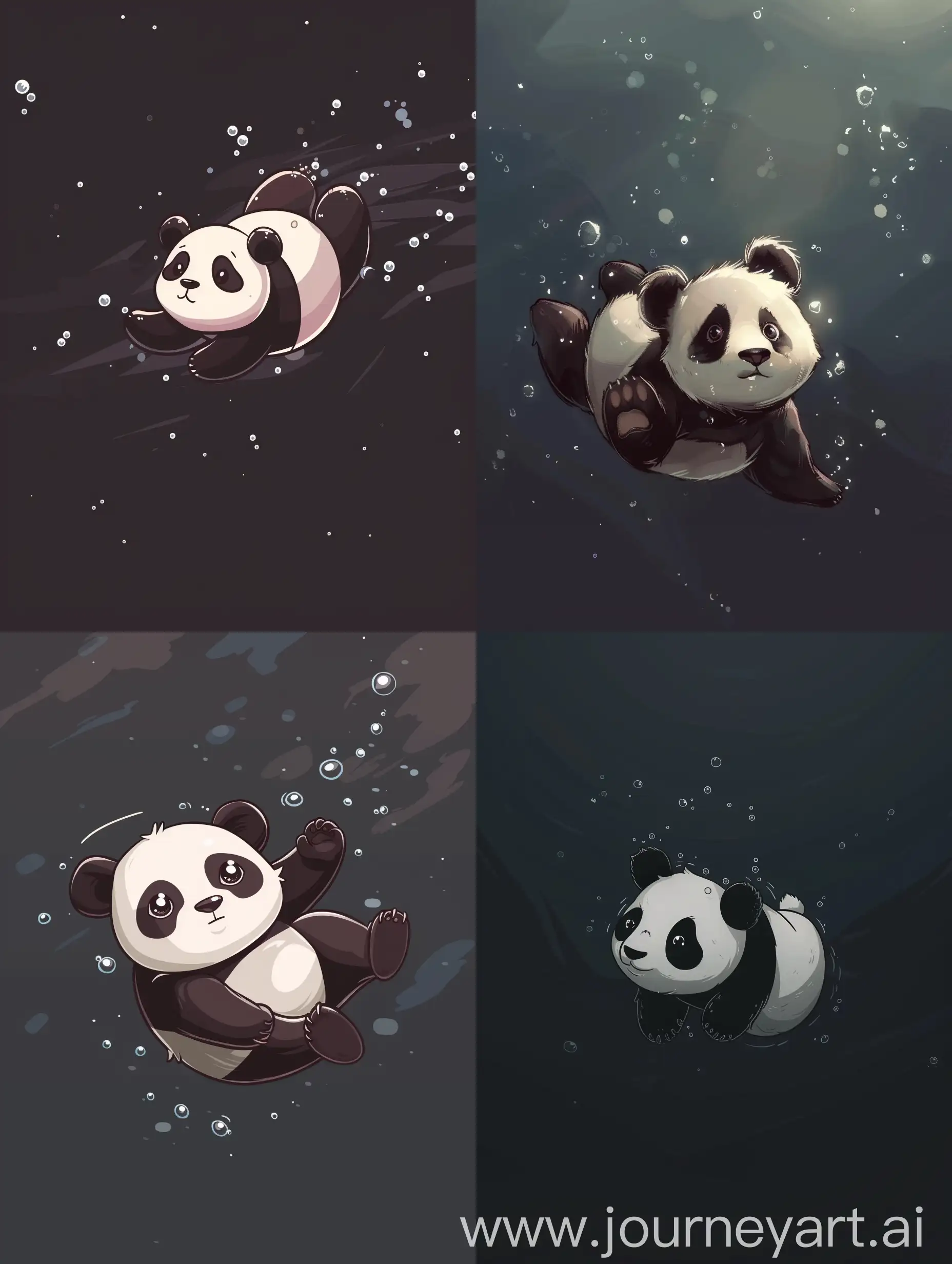 thin line style chibi cute panda swimming, with solid dark background, small object and center concentrated image, far view point