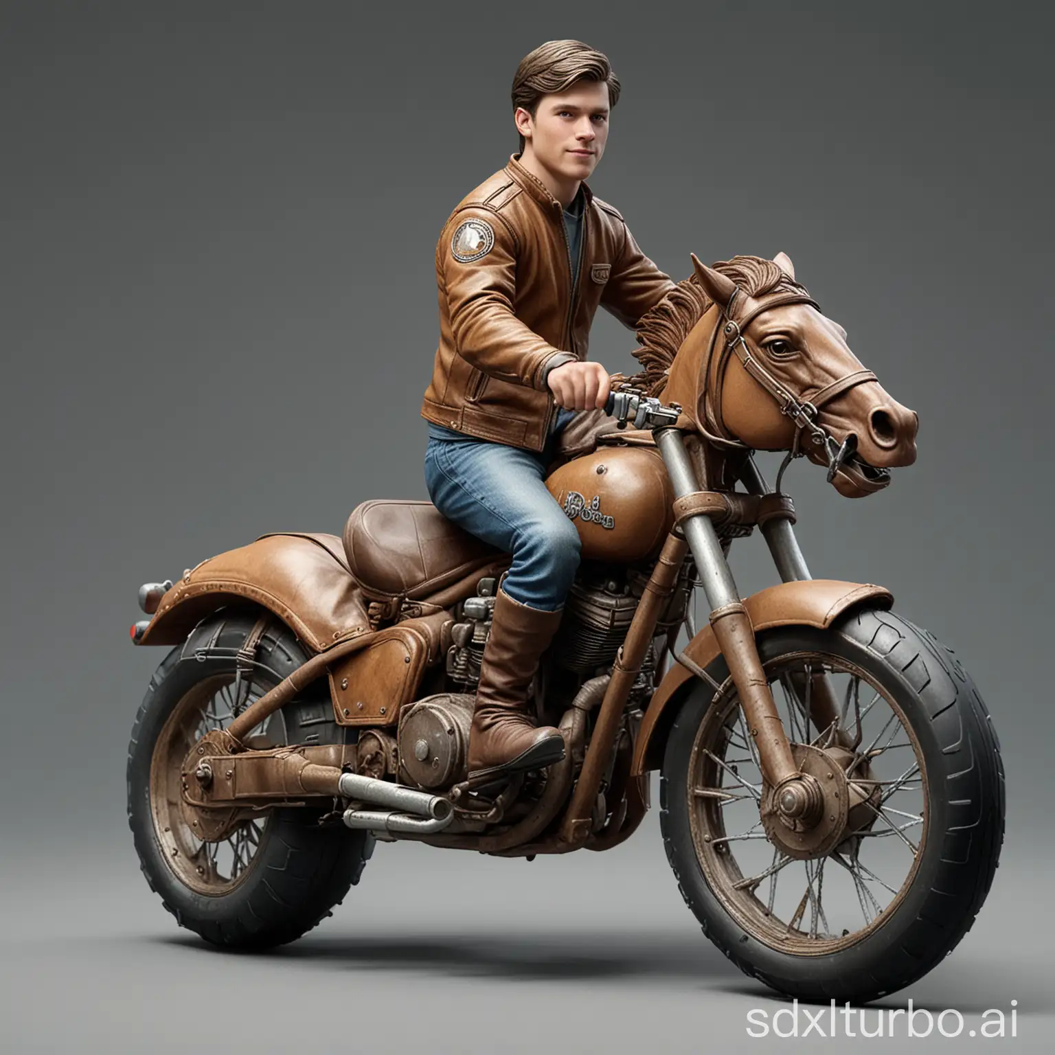 Wade, 18 years old, riding a motorcycle. The motorcycle is in the shape of a horse, and the shape of the picture is realistic and very real. It remains at the same quality. The picture quality is printed 8k.