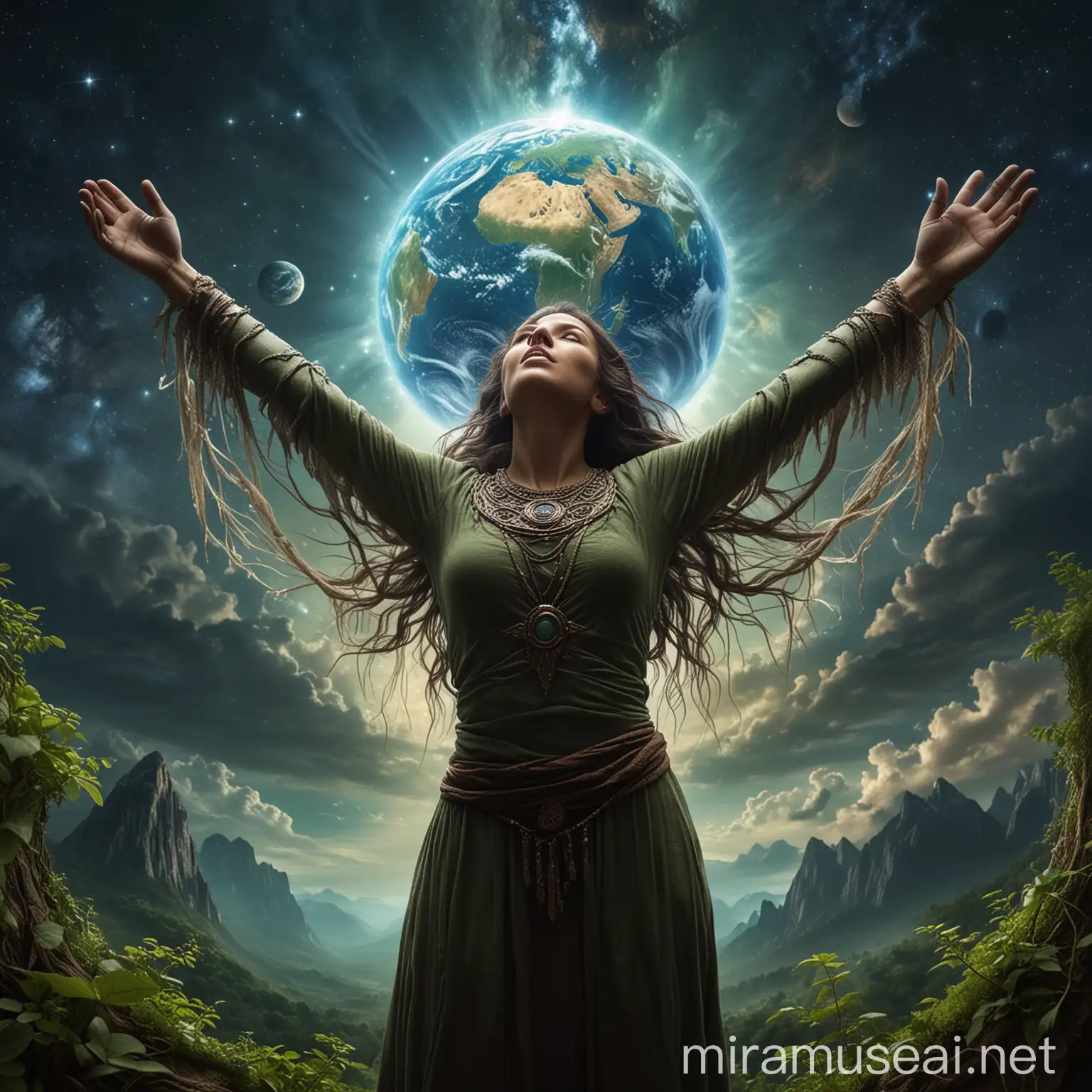 Earth Spirit Gaia looks at planet Earth and tries to shelter it with her outstretched arms
