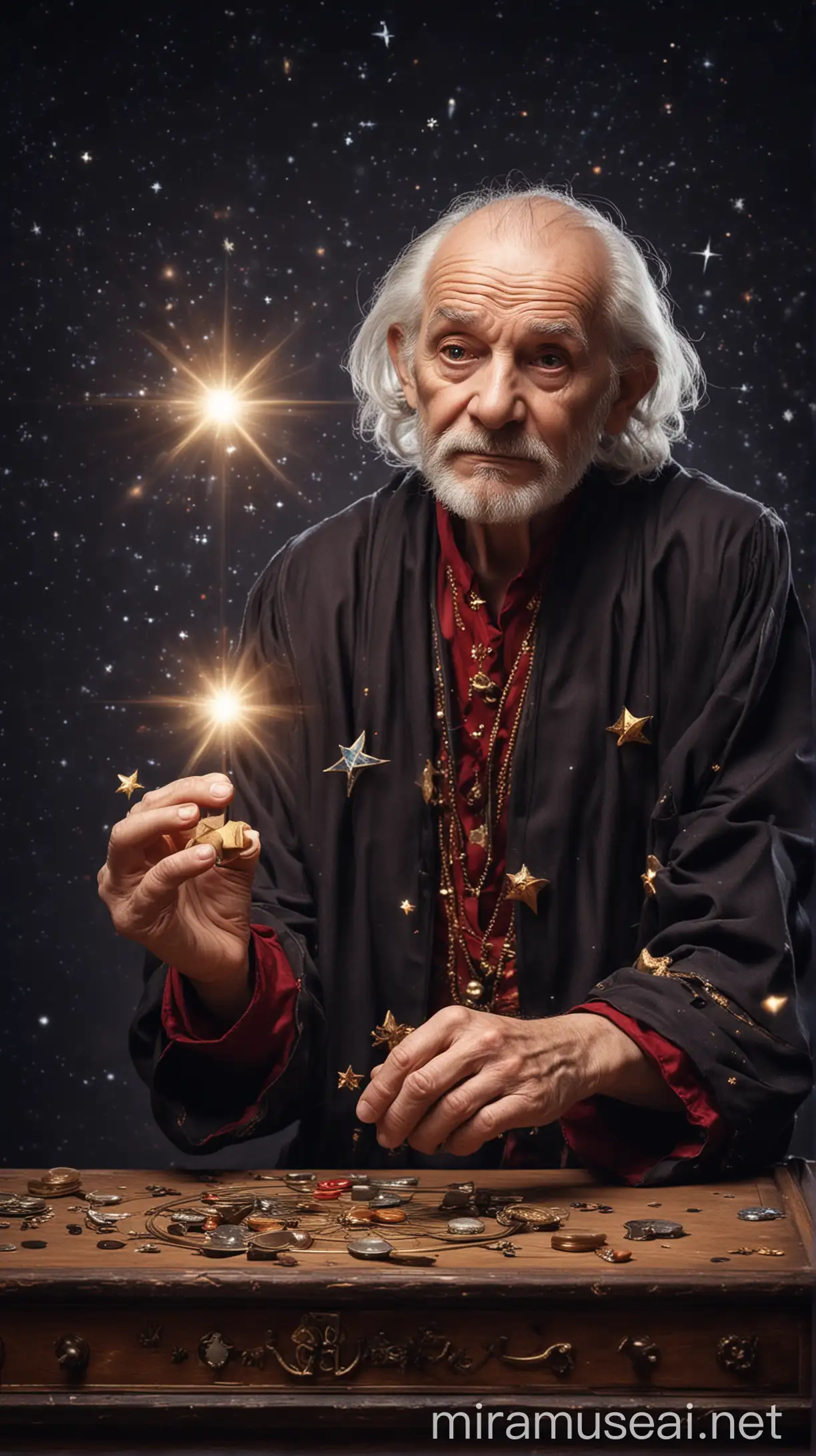 Elderly Astrologer Counting Stars in Magical Attire
