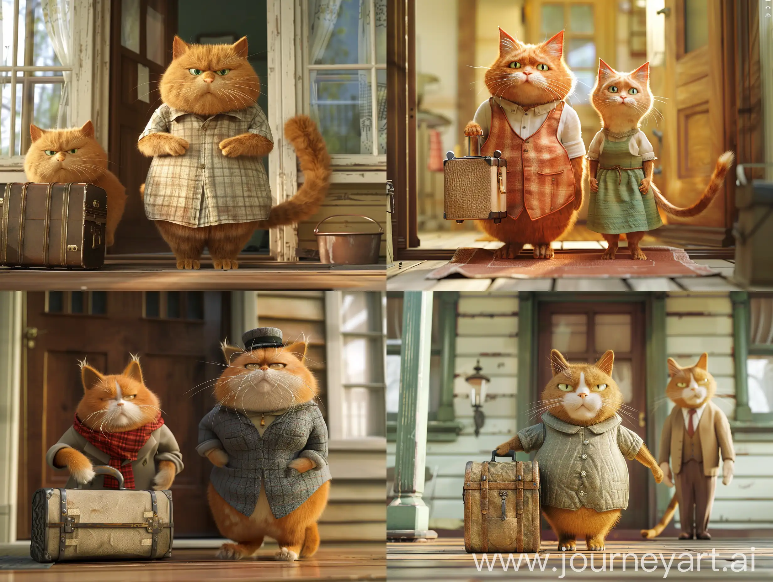 ginger cat mother (Anthropomorphic Cat, Wearing human clothes and imitating human movements) , A grown-up chubby ginger cat holding a suitcase. The cat mother and cat father, both with human-like characteristics, are sad but proud, standing at the front door of their home.shallow depth of field, low angle artistic shot, Jean-Baptiste Monge, Mary Blair, Craig Davison. Chibi kawaii. Sweet dainty face, whiskers, softest fur, cinematic, realistic, detailed, hyper quality, FHD, 8K, C4D. Show different angles of the scene. In the style of Kurosawa Akira.
