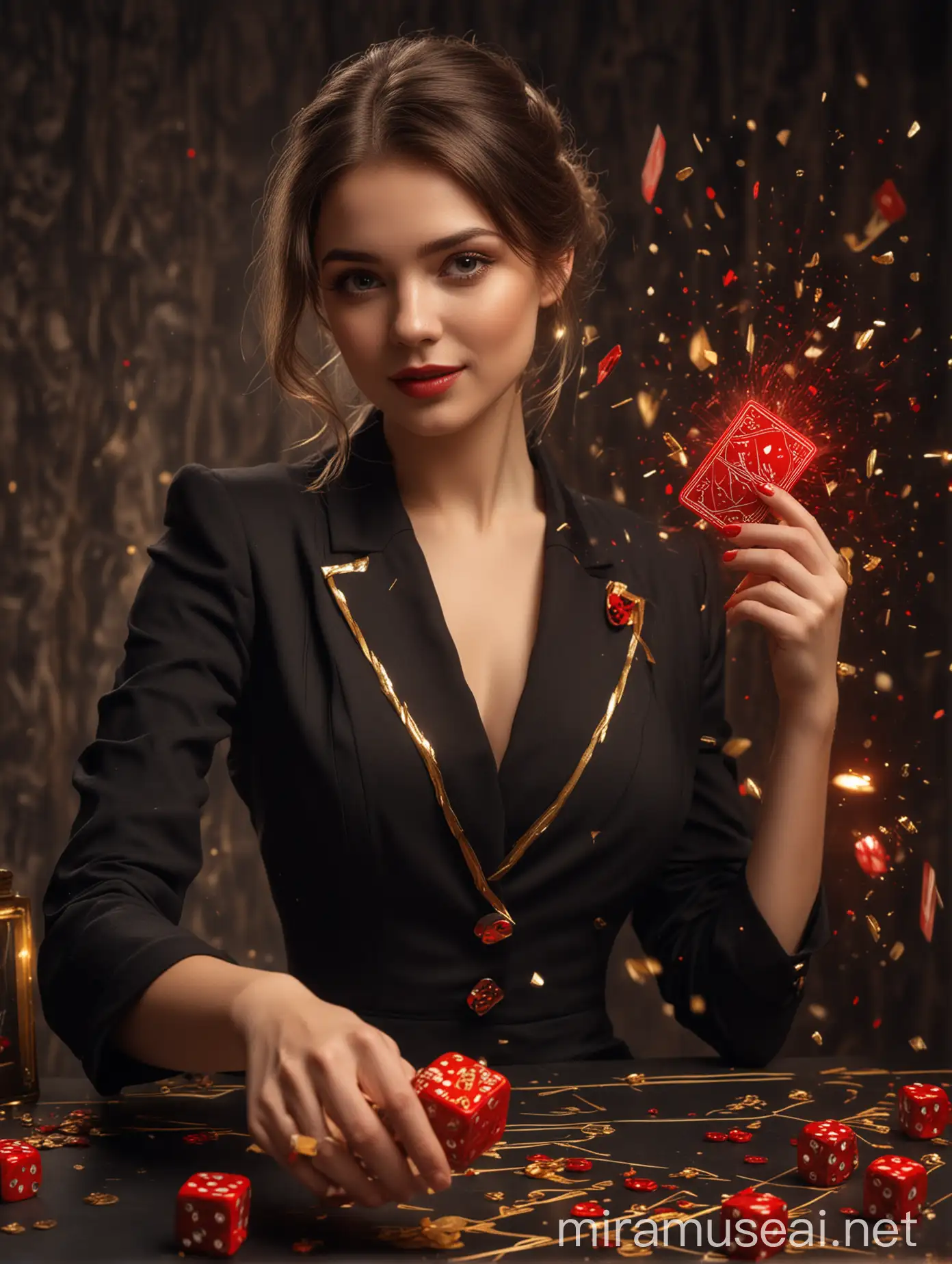 A beautiful lady in a black dress having golden lines, geld romantically by a handsome young man in suit, with a large Ace card behind them, and luminous red dice falling around