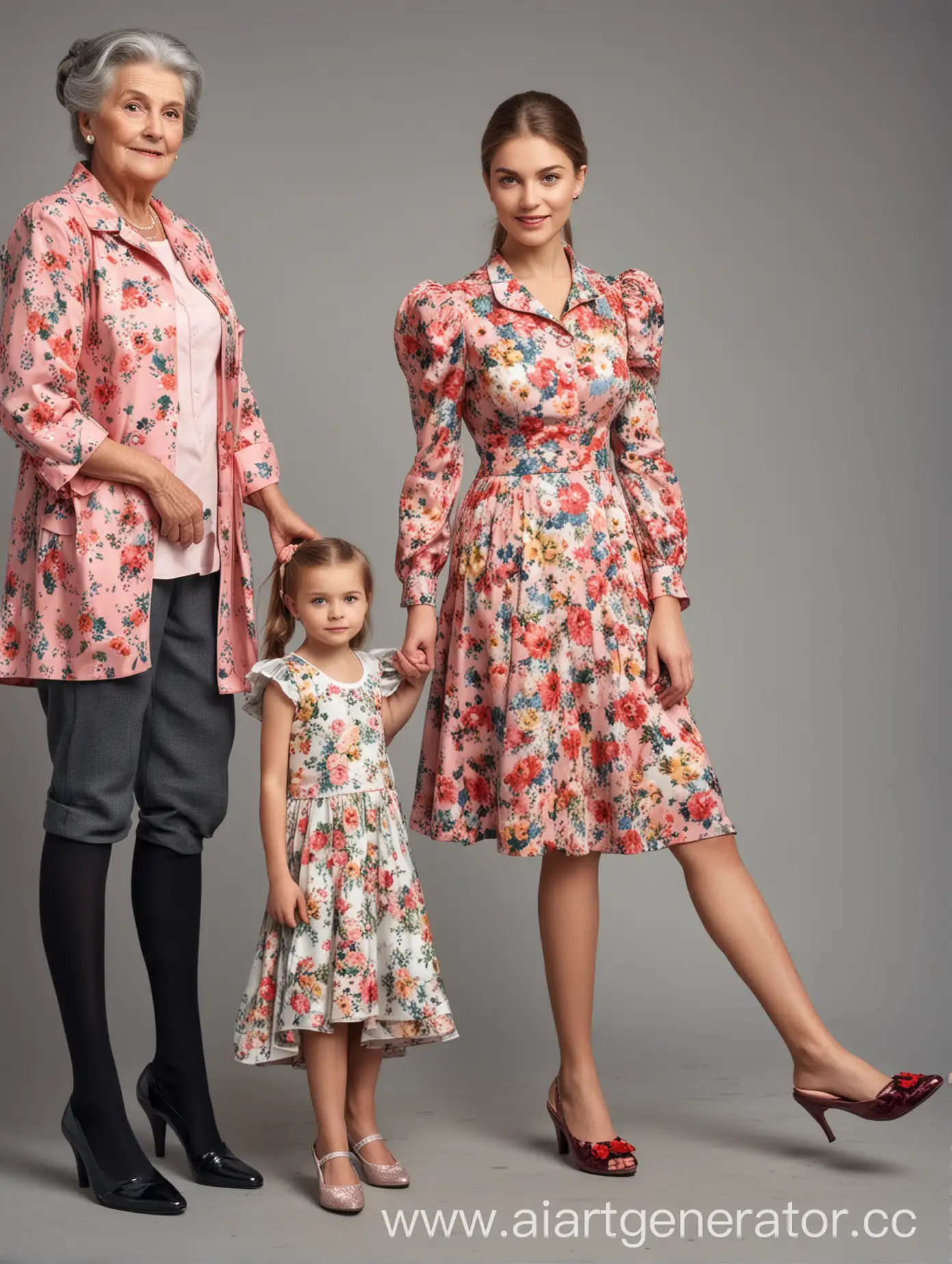 плакат. слева девочка в платье и гетрах в полный рост, посередине женщина на каблуках в деловой одежде в полный рост, справа бабушка в цветочном платье и тапочках в полный рост