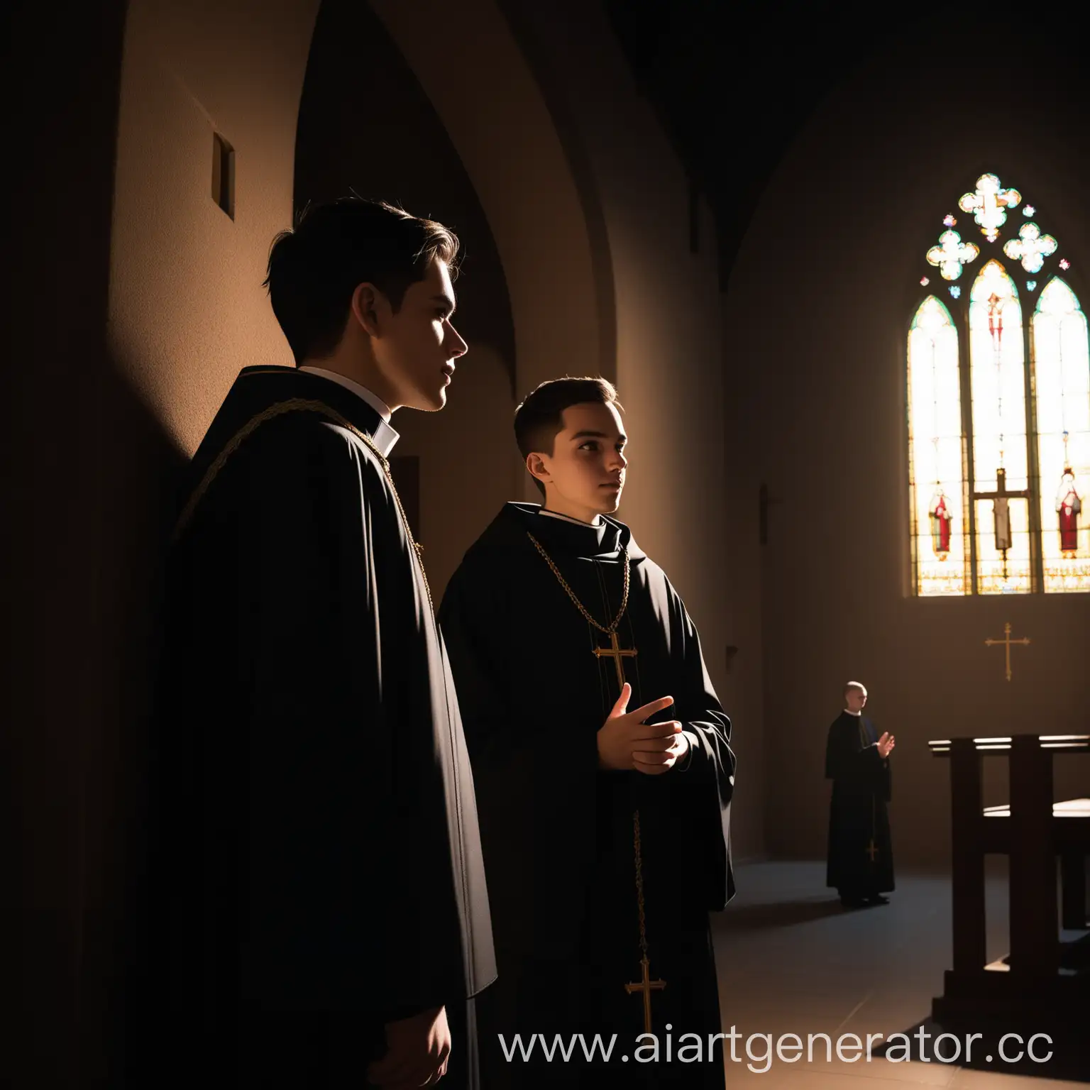 two young priests are talking in a dark corner of a church 