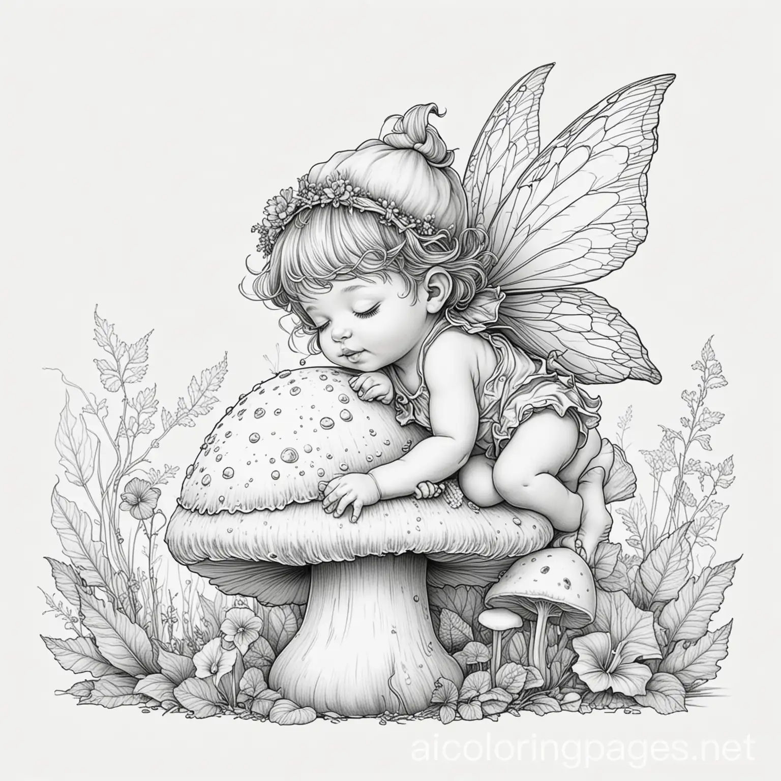 coloring page of a baby fairy sleeping on a mushroom, Coloring Page, black and white, line art, white background, Simplicity, Ample White Space. The background of the coloring page is plain white to make it easy for young children to color within the lines. The outlines of all the subjects are easy to distinguish, making it simple for kids to color without too much difficulty
