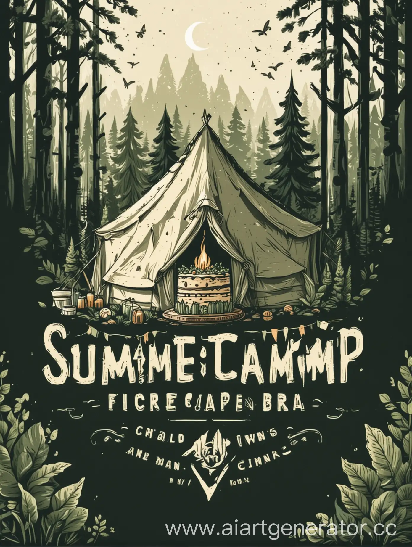 use dark green and cream colors to make summer camp logo with a cake on a tent and forest in line style