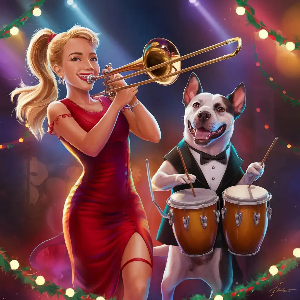 Blonde Girl and Dogo Argentino Playing Trombone and Congas in Salsa Orchestra Attire
