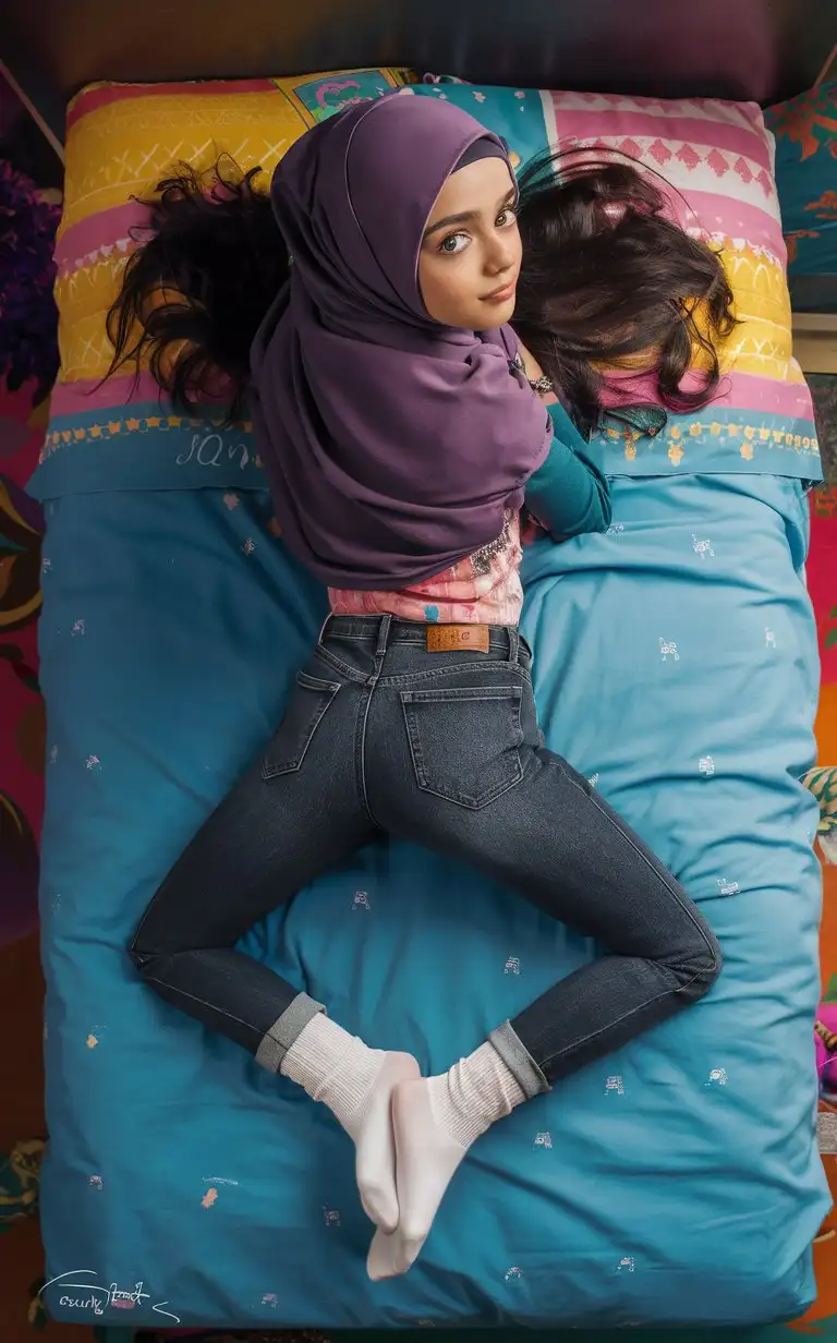 A little girl.  14years old. She wears a hijab, skinny tight jeans, white socks.
She is beautiful. She lie on the bed.
Bird's eye view, From behind, turn back