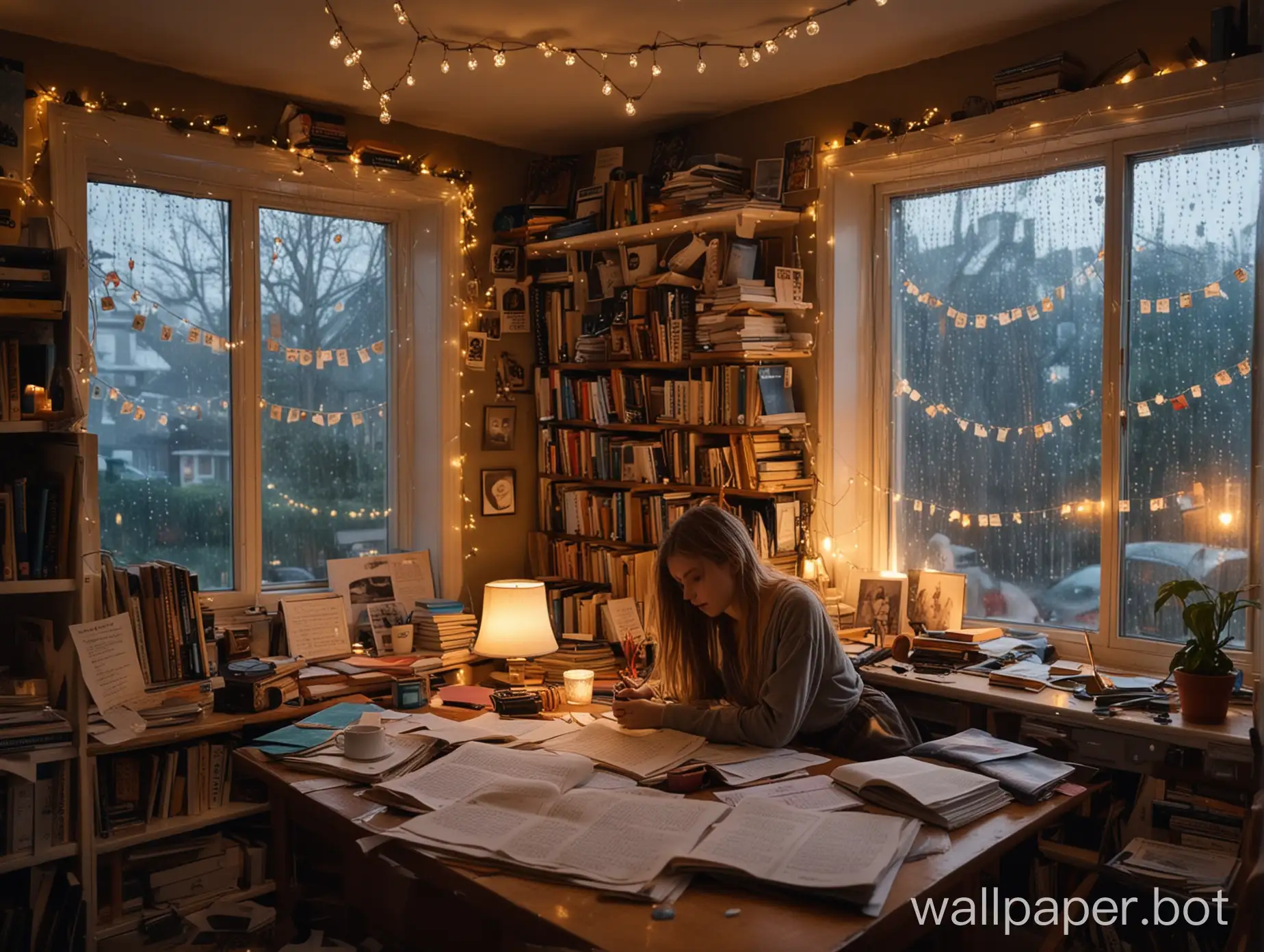 girl studying, face not visible , backside and hair visible, notes all over study desk, night time, coffee kept on the table, pen in hand, rain visible through window, window above desk, big bookshelf beside her, fireplace, academia setting, bean bags in room, books kept in random places, fairy lights all over ceiling, posters and records of music hung on wall