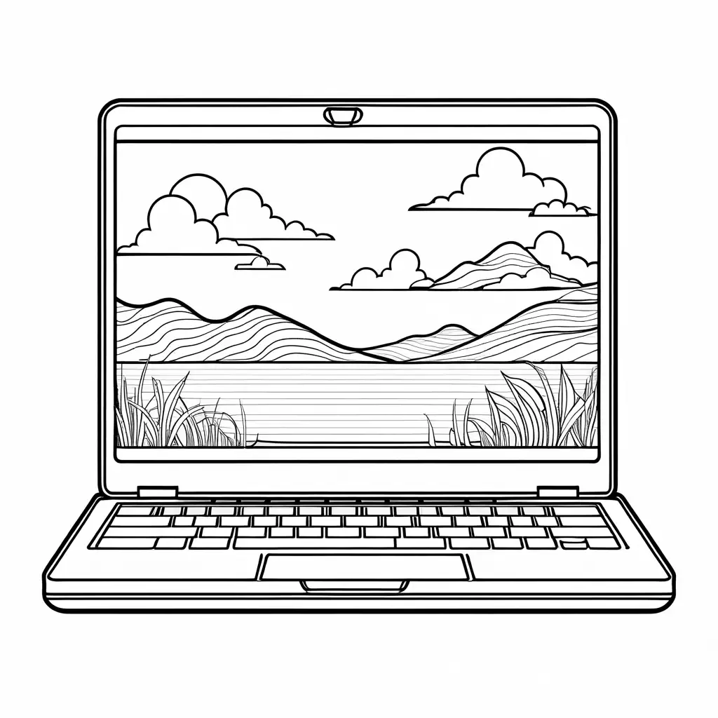 laptop drawings, Coloring Page, black and white, line art, white background, Simplicity, Ample White Space. The background of the coloring page is plain white to make it easy for young children to color within the lines. The outlines of all the subjects are easy to distinguish, making it simple for kids to color without too much difficulty