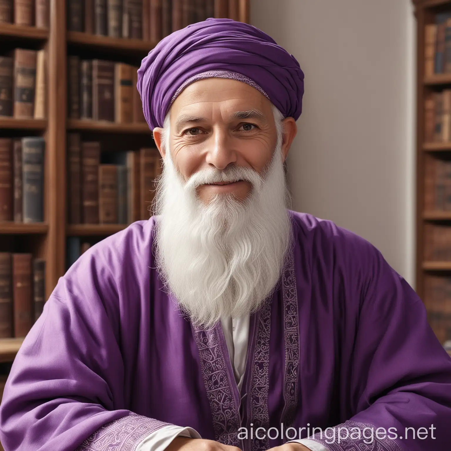 Islamic-Era-MiddleAged-Man-in-Purple-Robes-Smiling-in-Vintage-Library