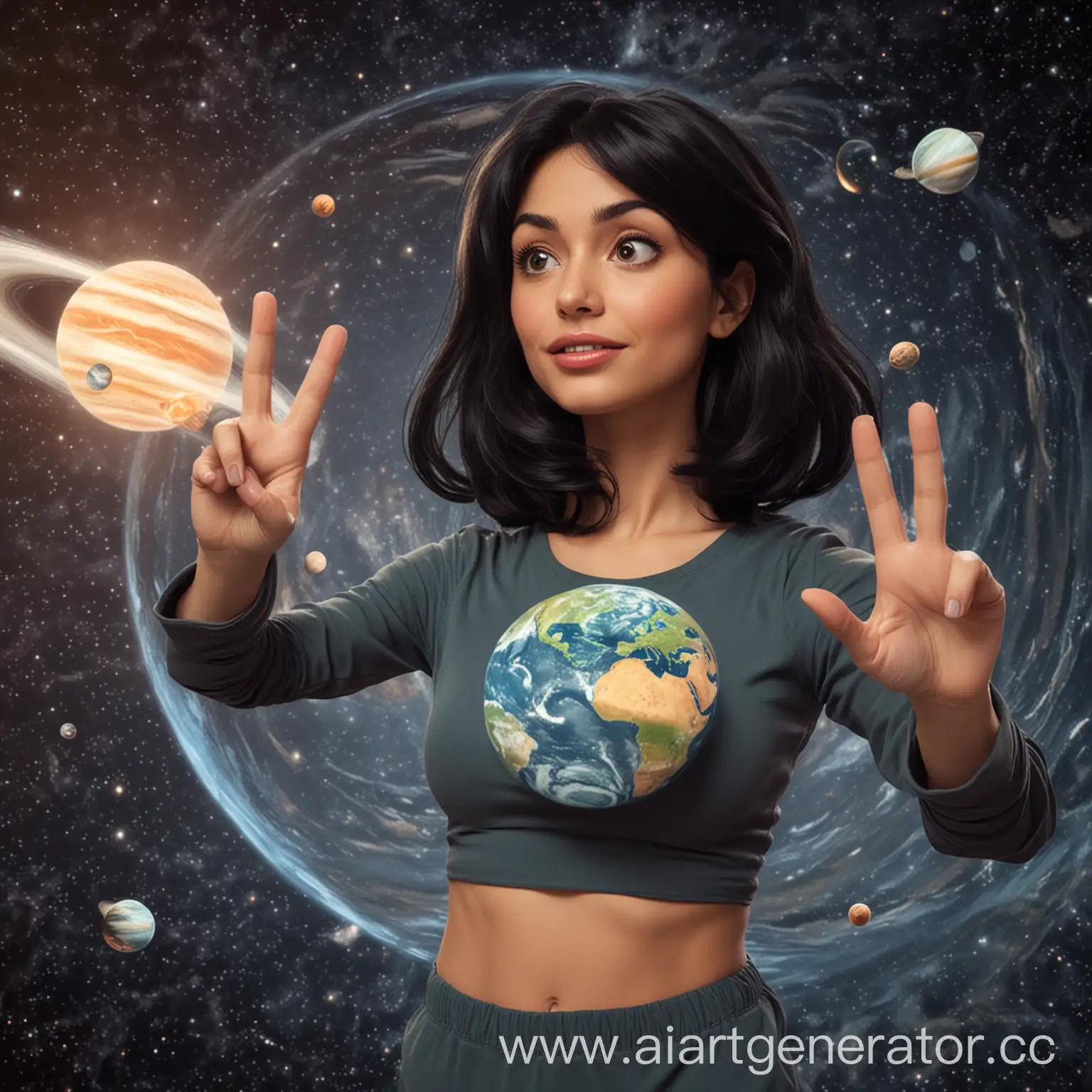 Женщина в видео мультика с черными волосами на двух пальцах крутит планету земля и юпитер
