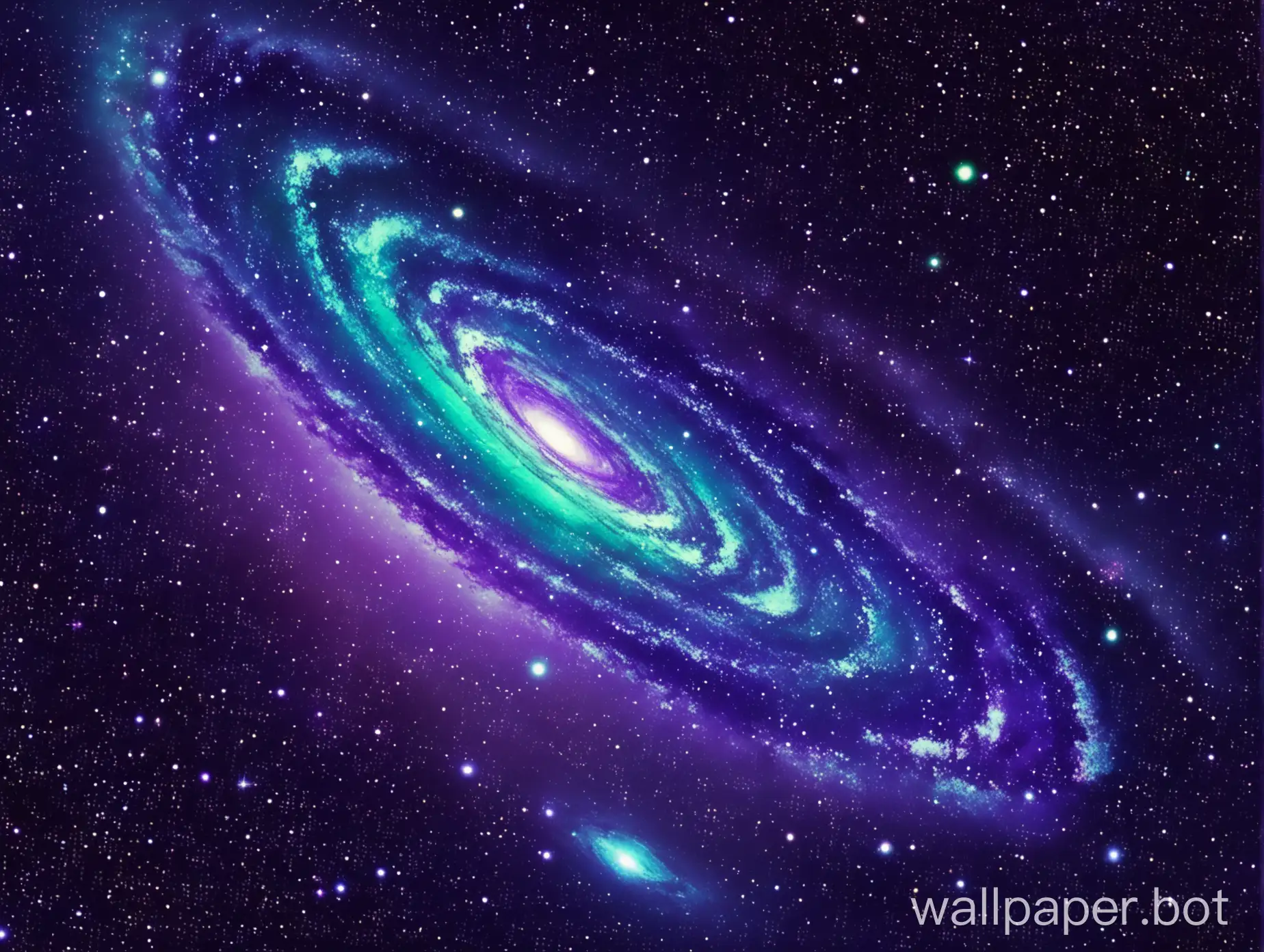 serene picture of a galaxy with blues greens and purples viewed from a small spaceship