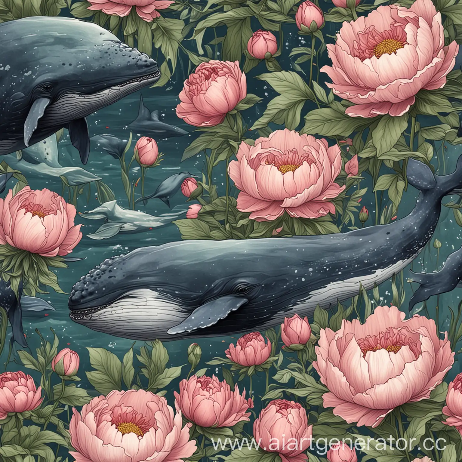 Whales-Swimming-Among-Peonies-Surreal-Underwater-Floral-Scene