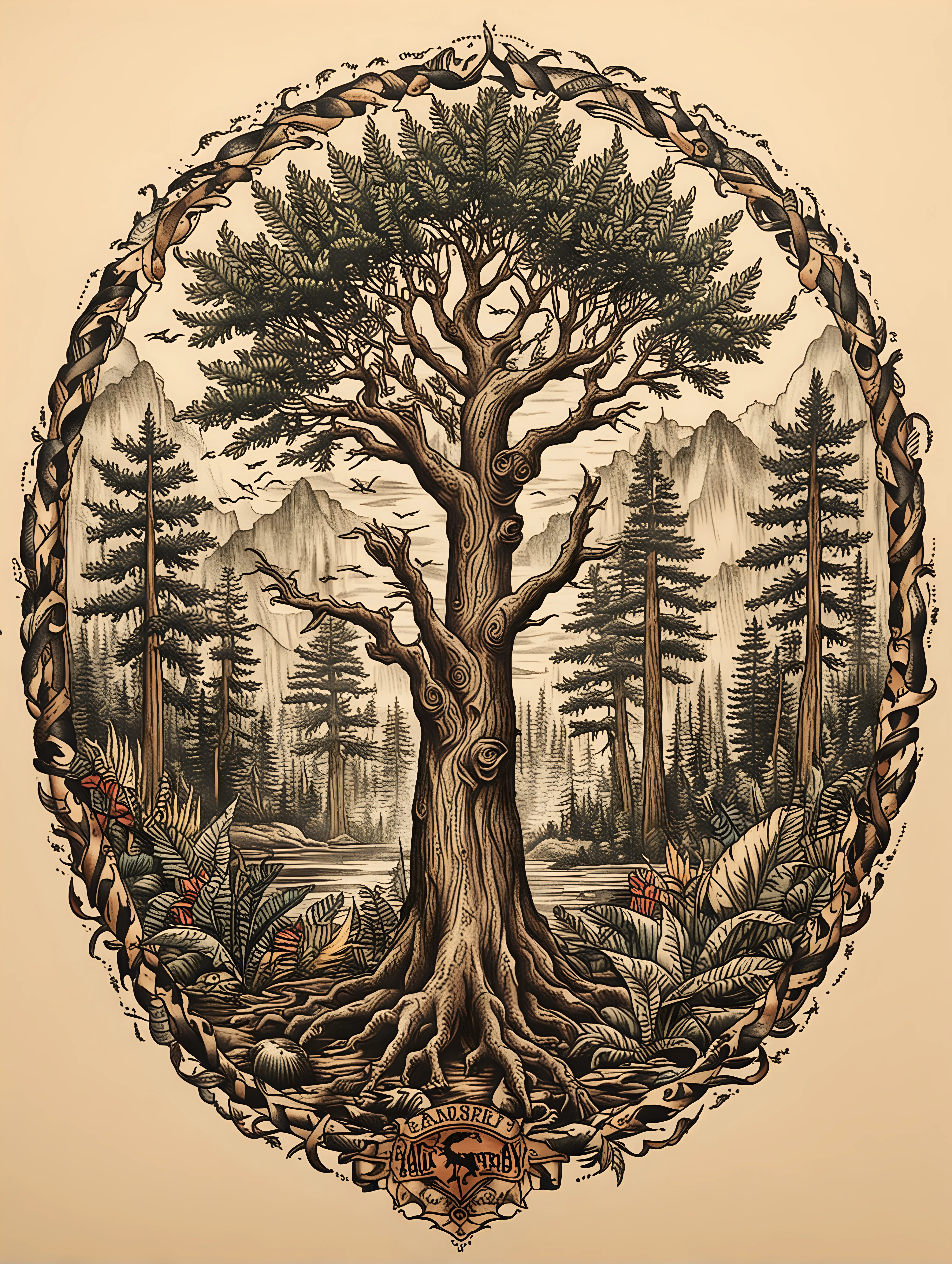 [Americana flash tattoo drawing of jurassic trees] in the style of Sailor Jerry