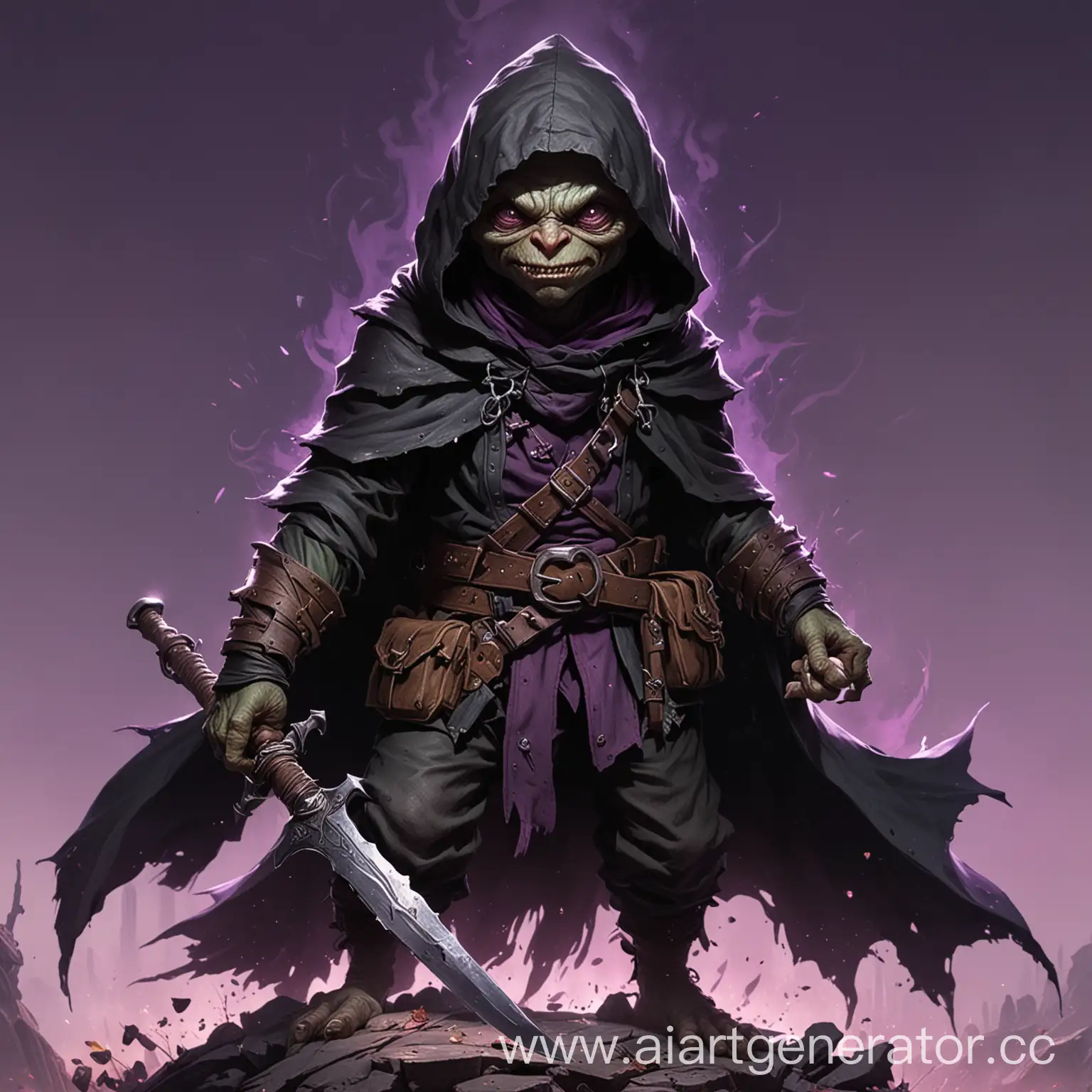 A short rogue goblin with marsh-colored skin, in a black hooded cloak, looks forward, in his hand he has a dagger from which a purple haze emanates.He has a pouch on his belt. 
The character sneaks at night, crouching down.The style of dungeons and dragons 
