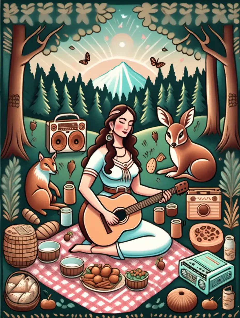 a folk painting of a woman sitting in a forest on a picnic towel with food, musical instruments, one boombox, and a few animals around her, in the style of American folk art, faded pastel colors
