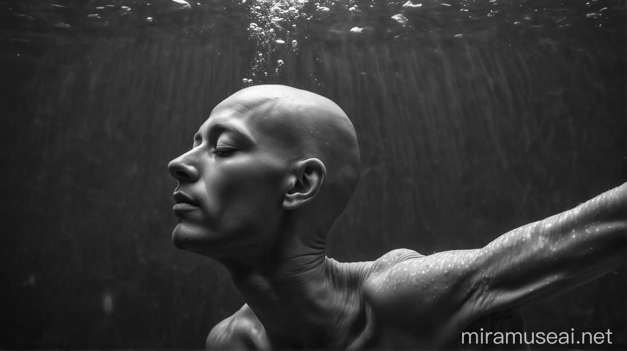 hairless man sleeping underwater, black and white photography