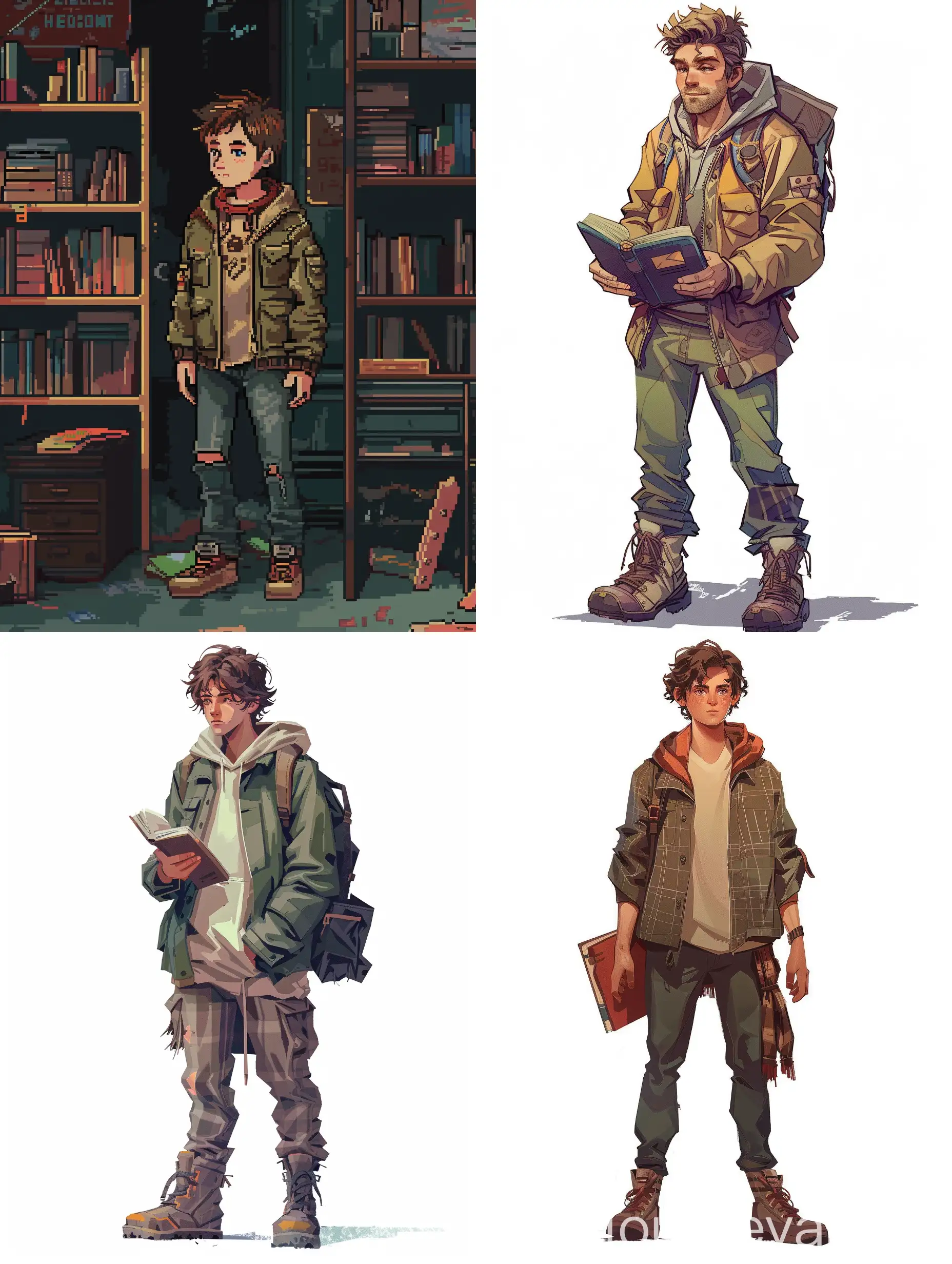 Eliot is a clever young man whose eyes reflect emotions, changing color depending on his experiences. He has short unruly hair and delicate and expressive facial features. He is wearing a light patterned jacket and comfortable trousers, complemented by sturdy boots and an old adventure book. Eliot embodies the spirit of exploration and the emotional depth of the game. Standing “pixel art", “clean pixel art", “simple pixel art” "2D game" "2D art"