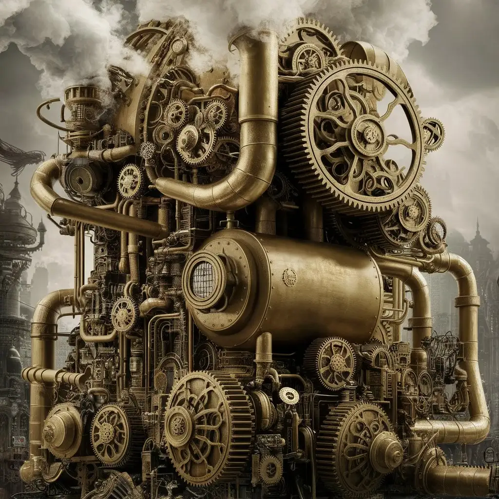 A hyper-detailed steampunk machine with gears, pipes, and steam.