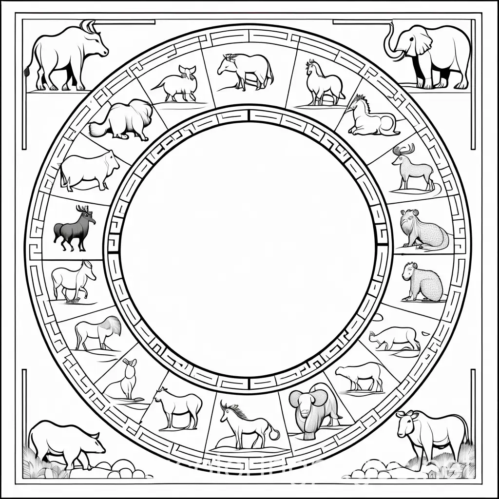 chinese zodiac chart, Coloring Page, black and white, line art, white background, Simplicity, Ample White Space. The background of the coloring page is plain white to make it easy for young children to color within the lines. The outlines of all the subjects are easy to distinguish, making it simple for kids to color without too much difficulty