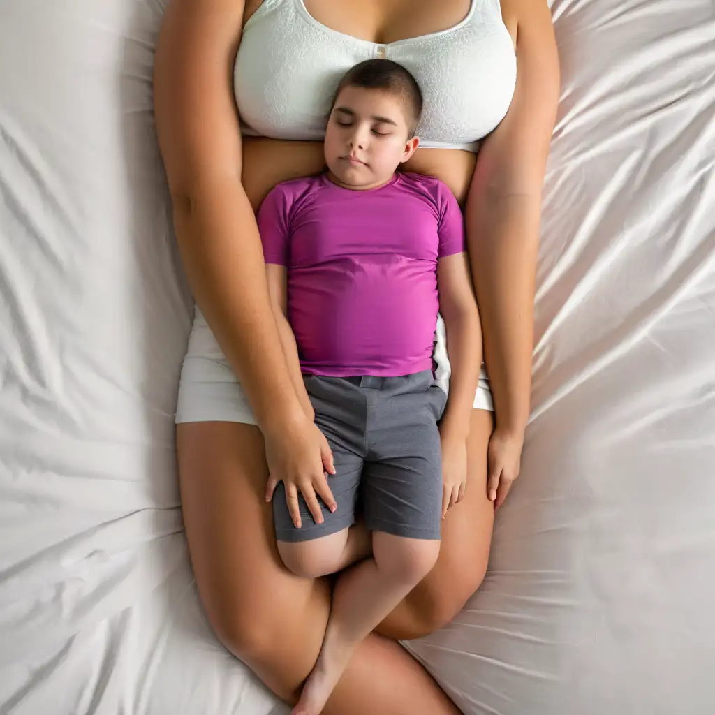 giant teen girl. very tiny midget old man sleeps on giant girl's abdomen.
