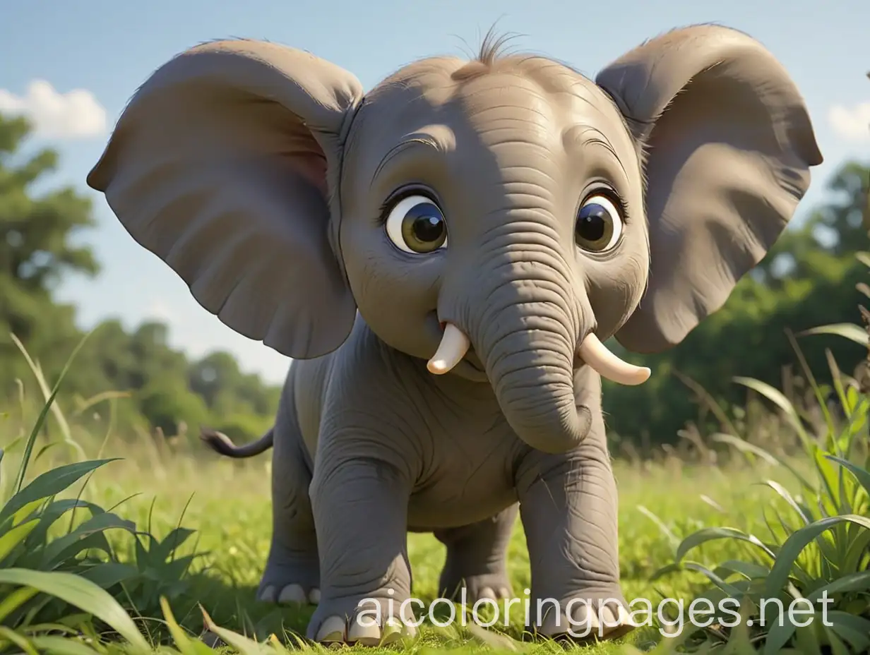 A baby elephant with long, floppy ears and big, cute eyes, looking directly at the center with a slightly tilted face, illustrated in the classic Disney style. The elephant has a gentle, friendly expression and is standing on a grassy patch. The drawing should be a simple, clear line drawing without any colors, shading, or fill, perfect for a children's coloring book., Coloring Page, black and white, line art, white background, Simplicity, Ample White Space