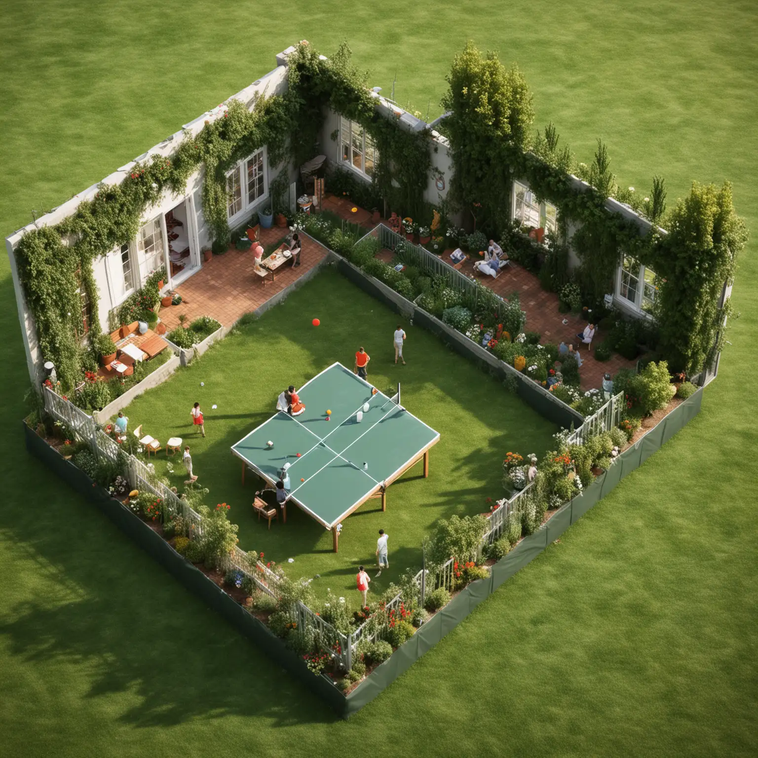 Create an isometric room.
Where it is a leisure activity. a 15m room². this room should be a garden with a Picnic blanket. so a floor out of grass. a tabletennis and a friend group of 5 drinking wine and play tabletennis - a lot of fun. please be realistic. no tables only the garden-flair