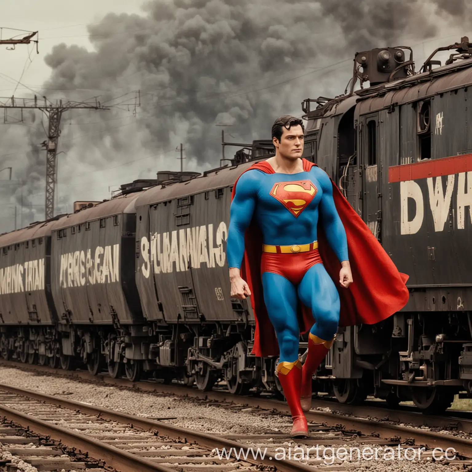 супермен несет поезд с надписью DWH