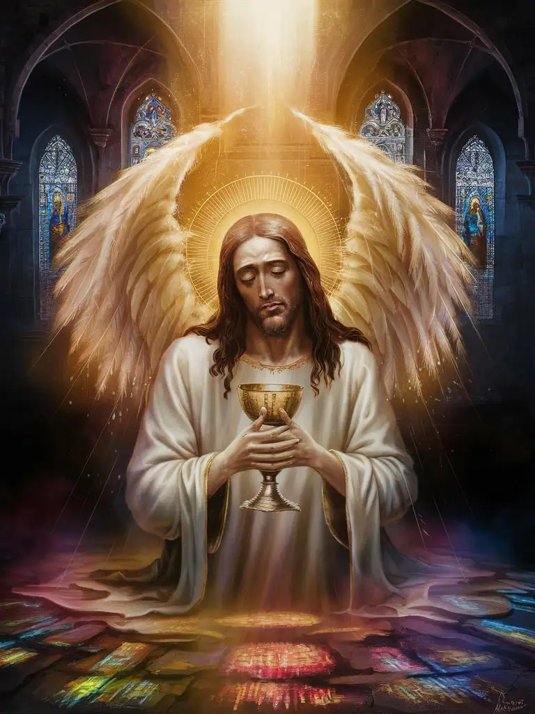 伤心的耶稣手握圣杯，头顶光环，一双翅膀，金光闪闪，教堂