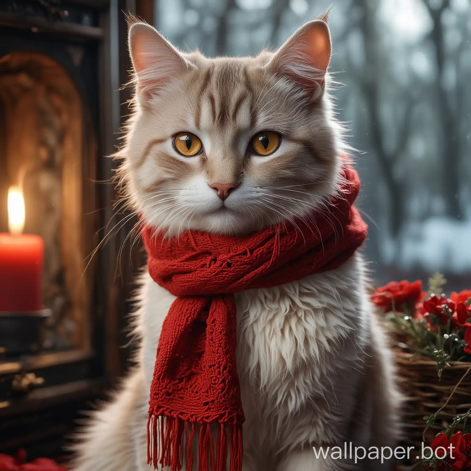 a cat with a red scarf, in the style of hygge atmosphere, 32k uhd, bella kotak, amedee ozenfant, meticulous design, cottagepunk