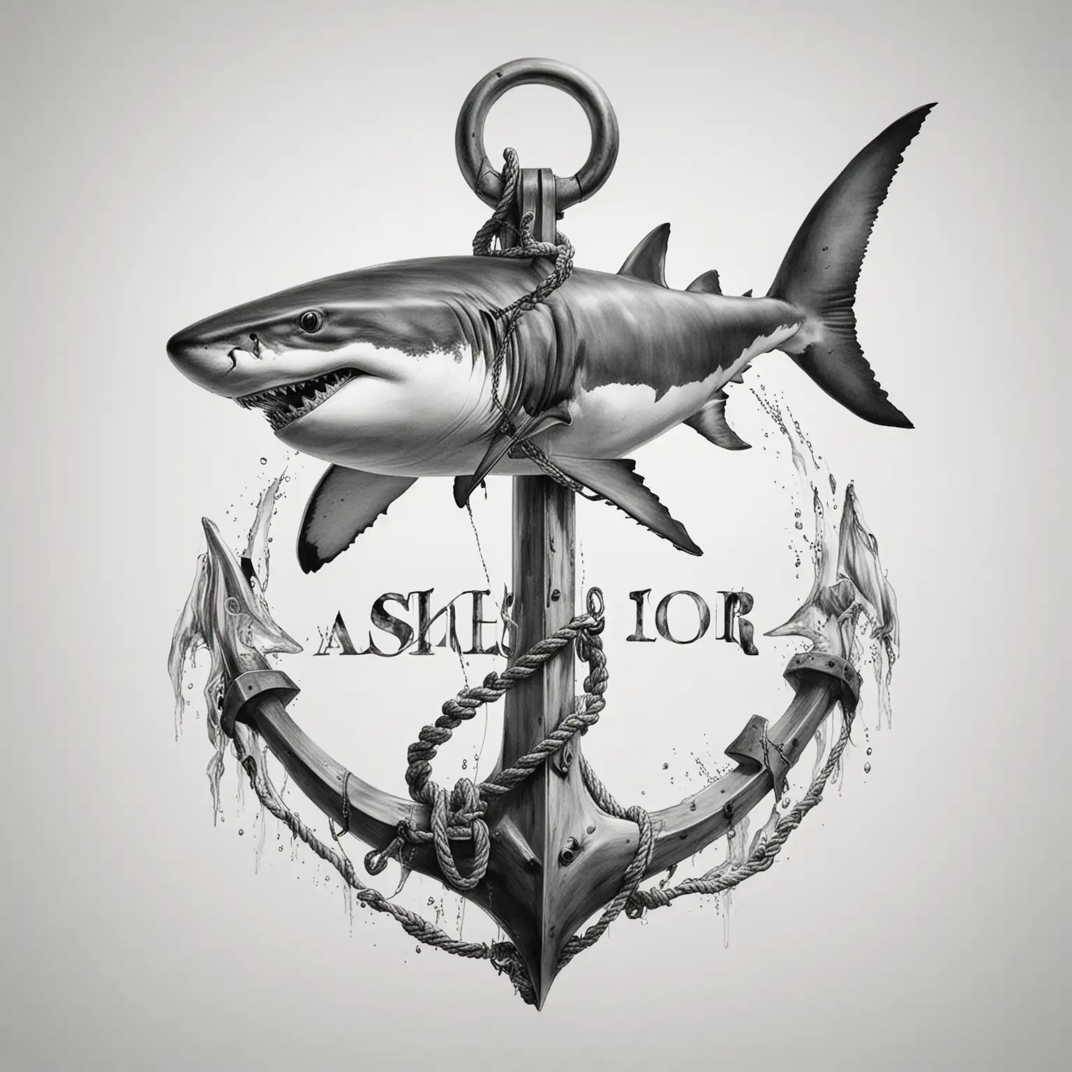 anchor and shark realistic black and white drawing
free white background