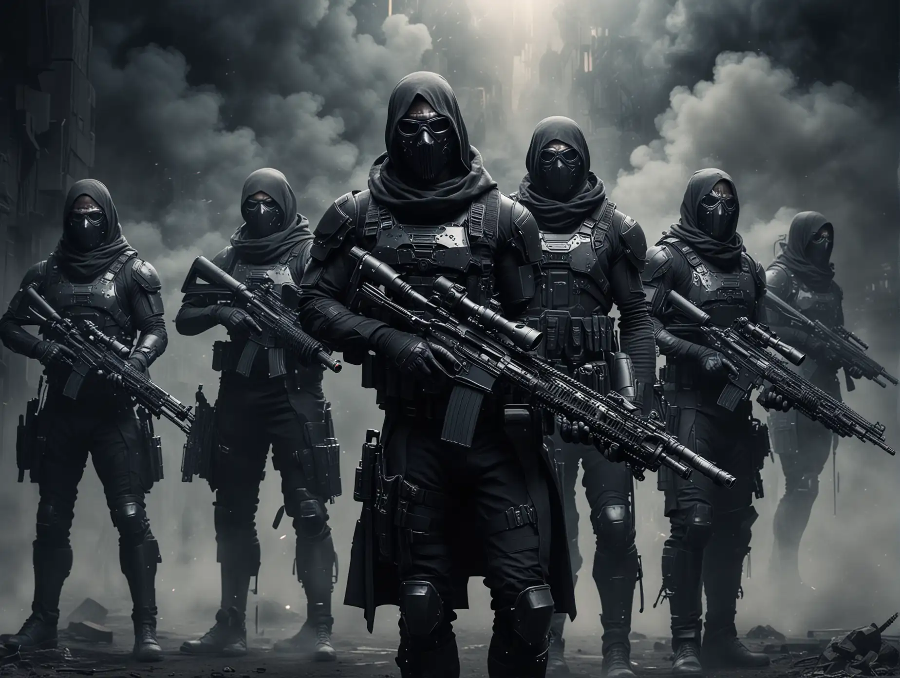 A futuristic masked sniper army with very long and big sniper rifles. In a black, smoky sci-fi background.
