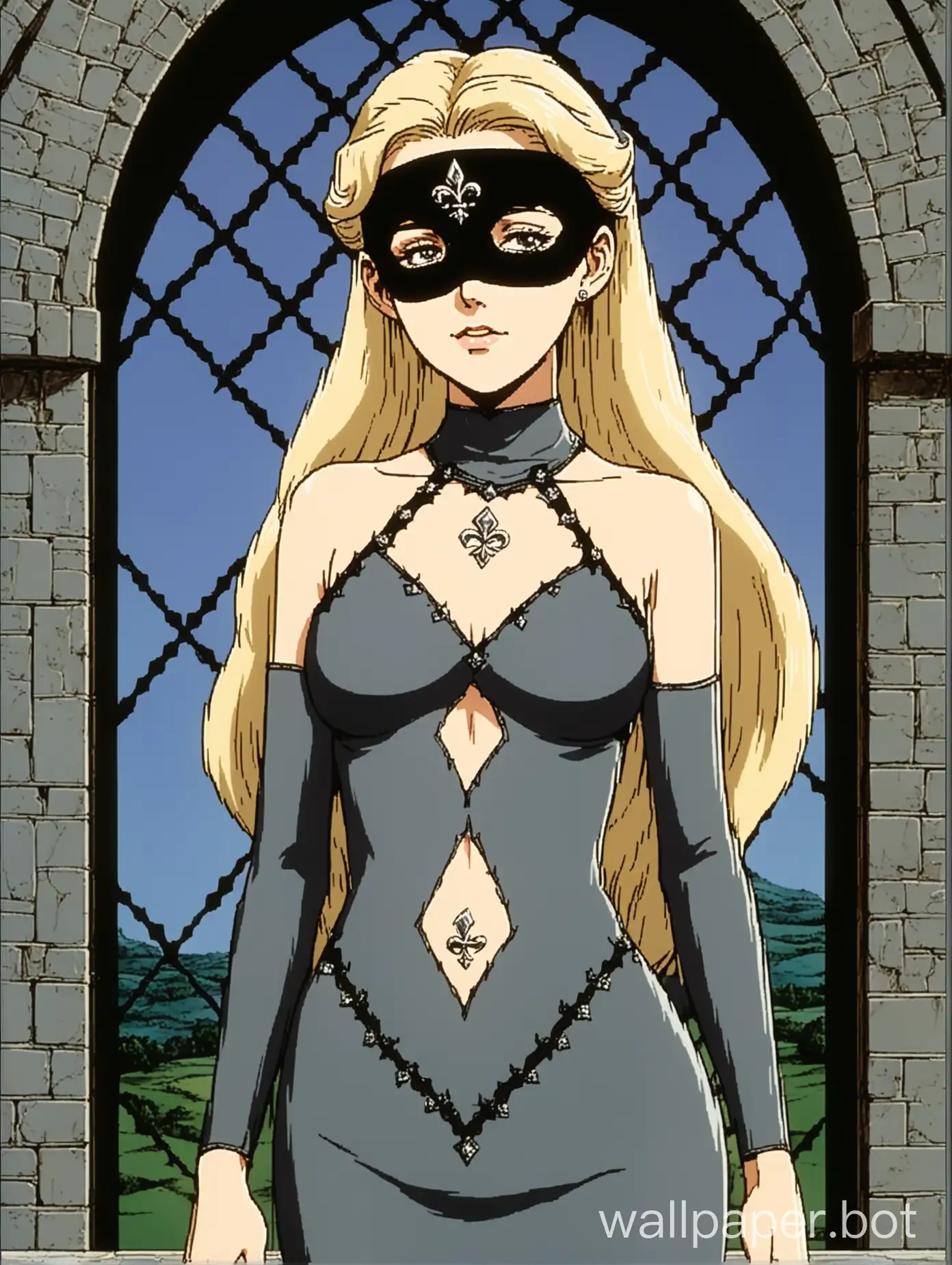 a young and attractive white woman, she has long wavy white-blonde hair, standing regally, elegant and slender, thin sharp face, wearing a black blindfold, wearing a sheer thin dark grey skintight dress with a diamond stomach window cutout, fleur-de-lys navel piercing, decorative stitching, medieval elegance, 1980s retro anime