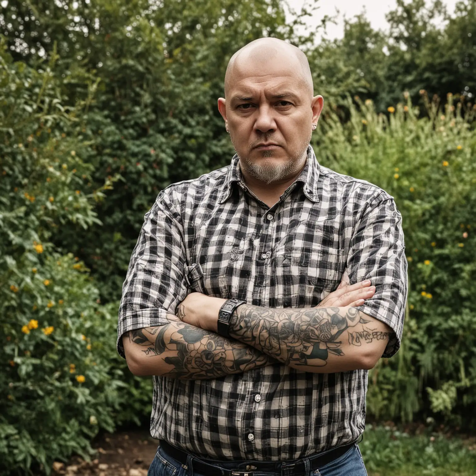 Angry MiddleAged Man with Crossed Arms in Garden