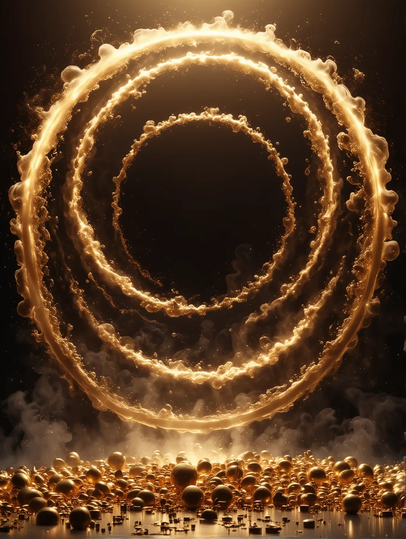 ultra realistic high definition, circles made out of shiny gold, with thick smoke and light beams in cinematic lighting
