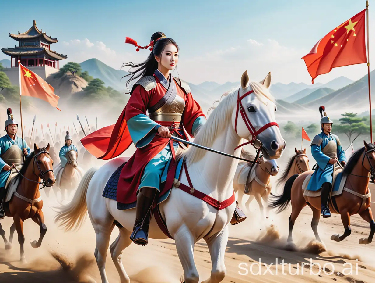 (masterpiece, best quality, ultra high res, photorealistic, realistic, raw photo, real person, photograph),On the ancient battlefield of China, a male general dressed in a Tang Dynasty war robe, riding a white horse, holding a long spear, and a beautiful female general dressed in Tang Dynasty women's clothing, riding a red war horse, holding a large sword, engaged in battle. Against the backdrop of mountains, countless soldiers raised their guns in the distance to cheer, and the ground was dusty,atmosphere, dynamic Angle,blue sky, 