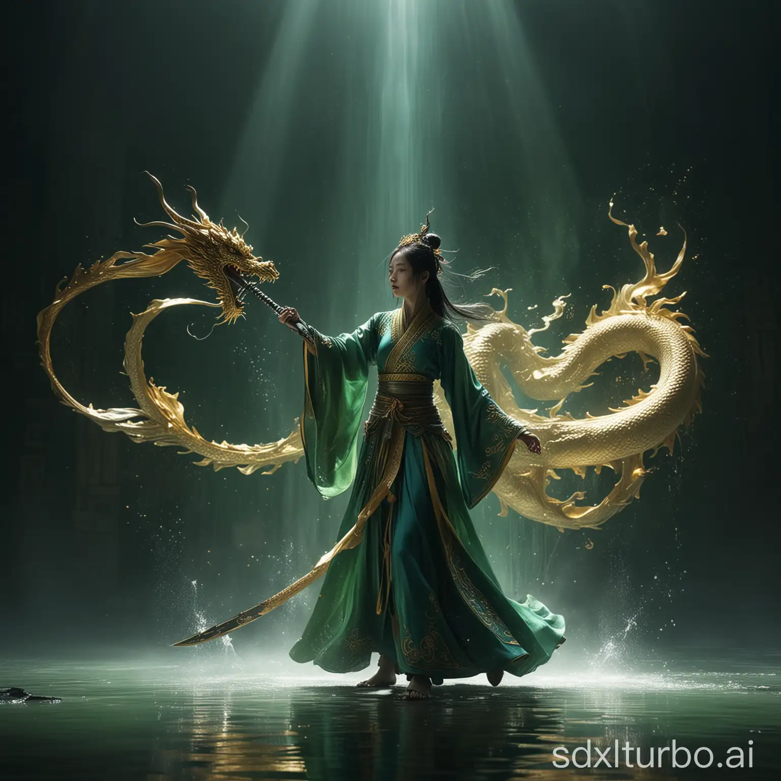 Oriental style beauty, sword in hand, sword dancing, green and gold clothing, a glowing golden dragon walking behind, realistic and ethereal style, Eastern Zhou Dynasty, the background of the picture is the strong air flow of the picture impact, 8k, fantasy, allegorical, animation style, epic ink mixing lens, shining blue magic light. Abstract image, intense light, Rembrandt lighting, style in fluid color combination, surreal water, shine/gloss --ar 16:9