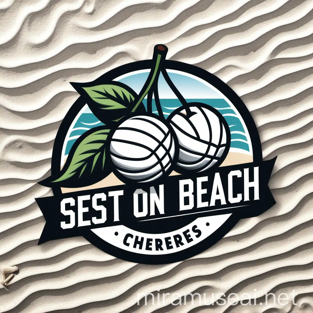 Flat black and white logo with text "Sets on the Beach"; add simple graphic of volleyballs as cherries