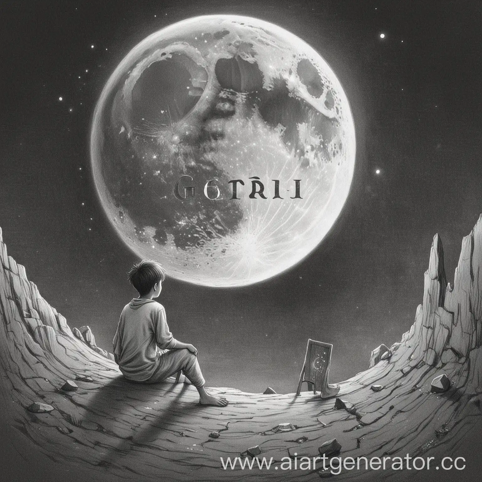 нарисуй как будто карандашом парня сидящий смотрит на луну а сверху надпись Gari Production