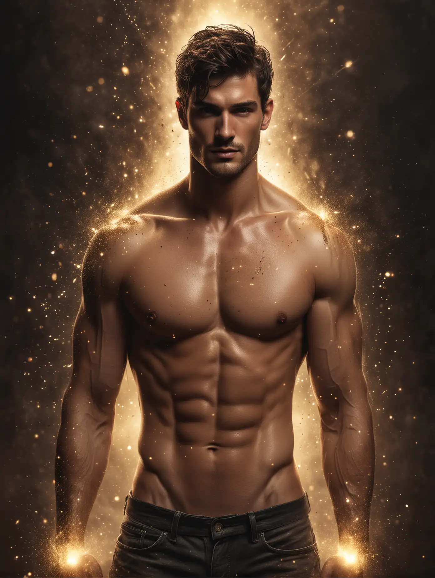 Illustration of a handsome sexy man, shirtless, nice abs, black fog, gold sparks, 