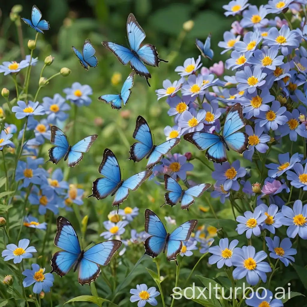 very many flowers over which blue butterflies fly