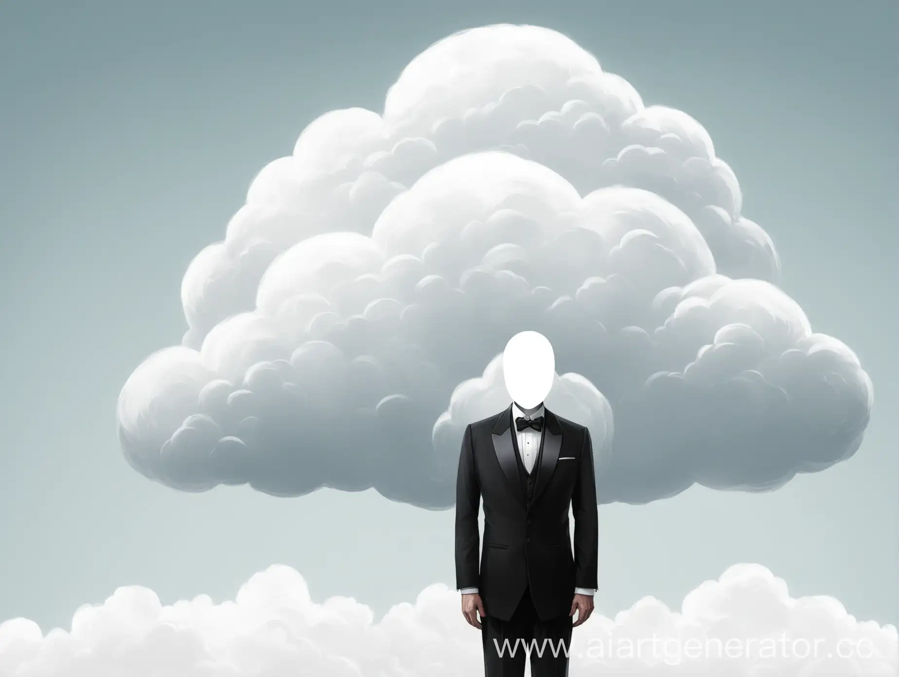  A man in a tuxedo, a cloud instead of a head (without a face), the background is white.
