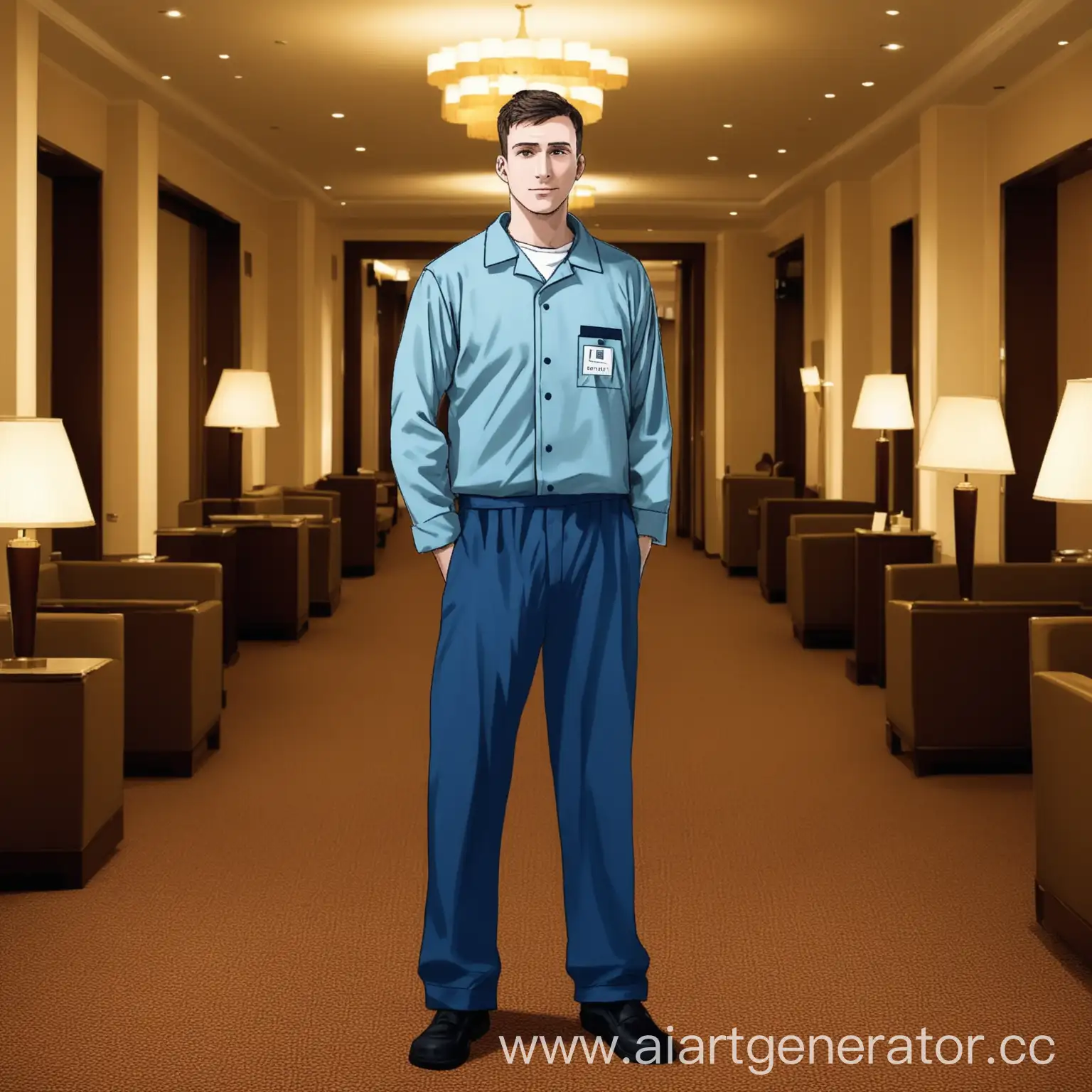 A guy in a work uniform in a full-length hotel