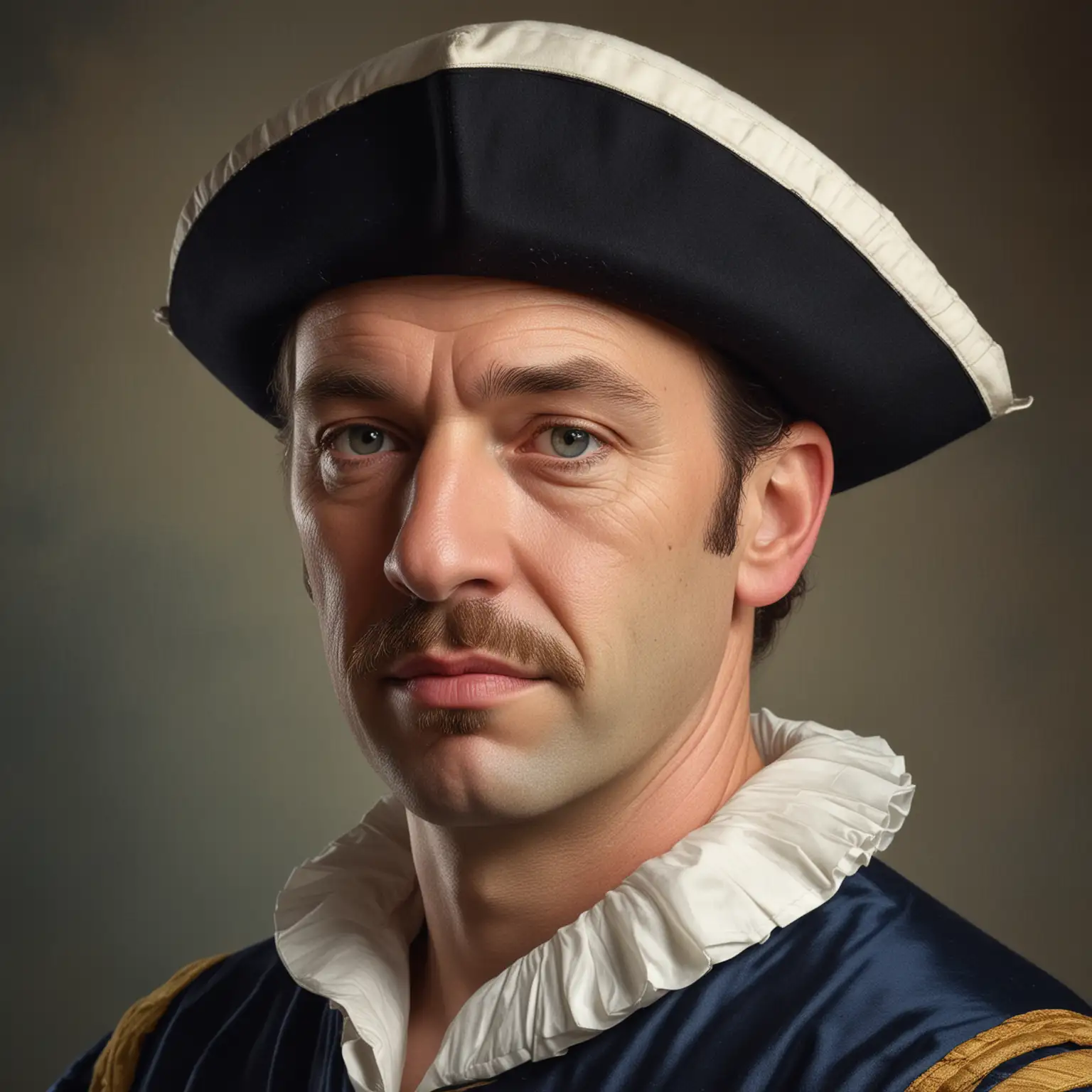 make a close-up 3/4 portrait of a 17th century middle aged characteristic captain sailor in Vermeer style