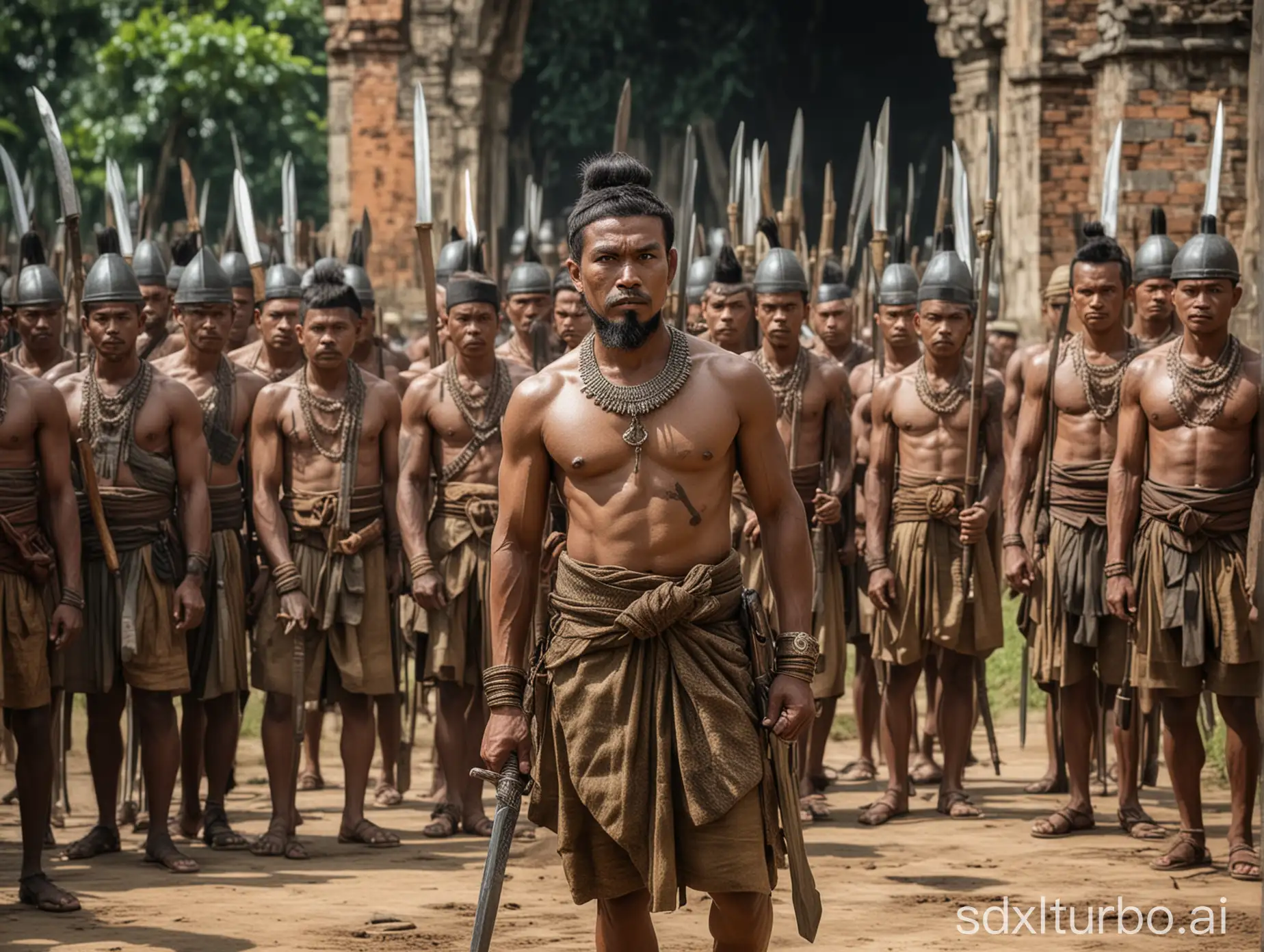 many soldier with a large athletic body like an ancient Javanese king, was seen standing in front of the ancient kingdom of Majapahit carrying a large sword. 