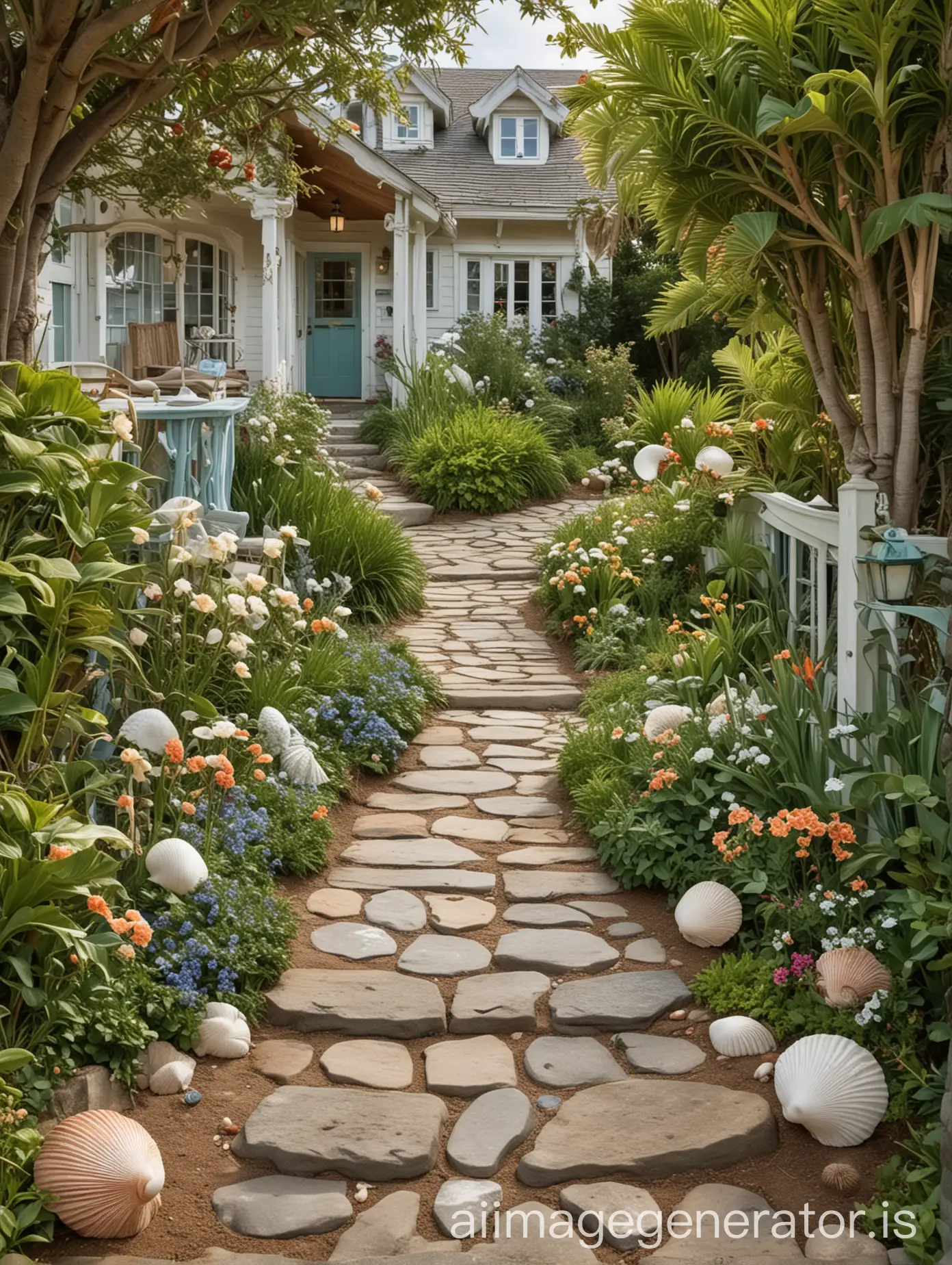 An Art Nouveau, A cozy coastal cottage with a stone pathway leading to the beach, featuring a charming garden with seashell decorations and outdoor seating to enjoy the ocean view