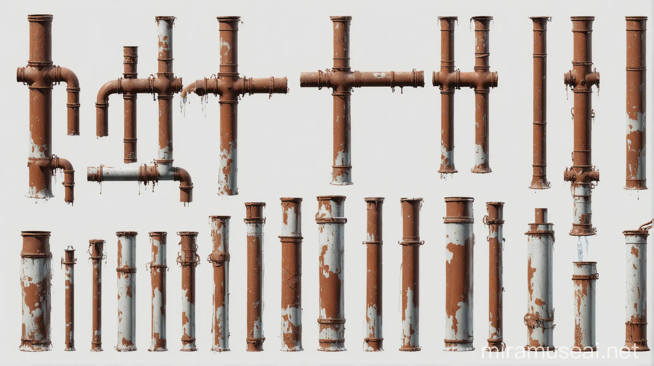 rusted iron pipes, and subtle water pipes, well cut, with 100% white background, digital drawing, sprite sheet, spread sheet, trending on artstation